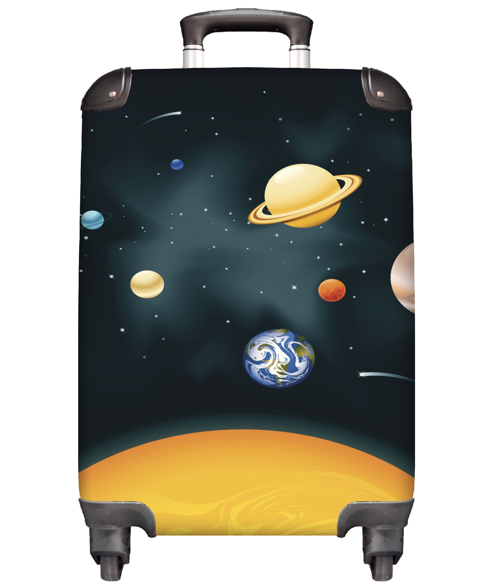 MuchoWow Handgepäckkoffer Eine Illustration des Sonnensystems mit unserem Planeten, 4 Rollen, Reisetasche mit rollen, Handgepäck für Ferien, Trolley, Reisekoffer | Handgepäck-Koffer
