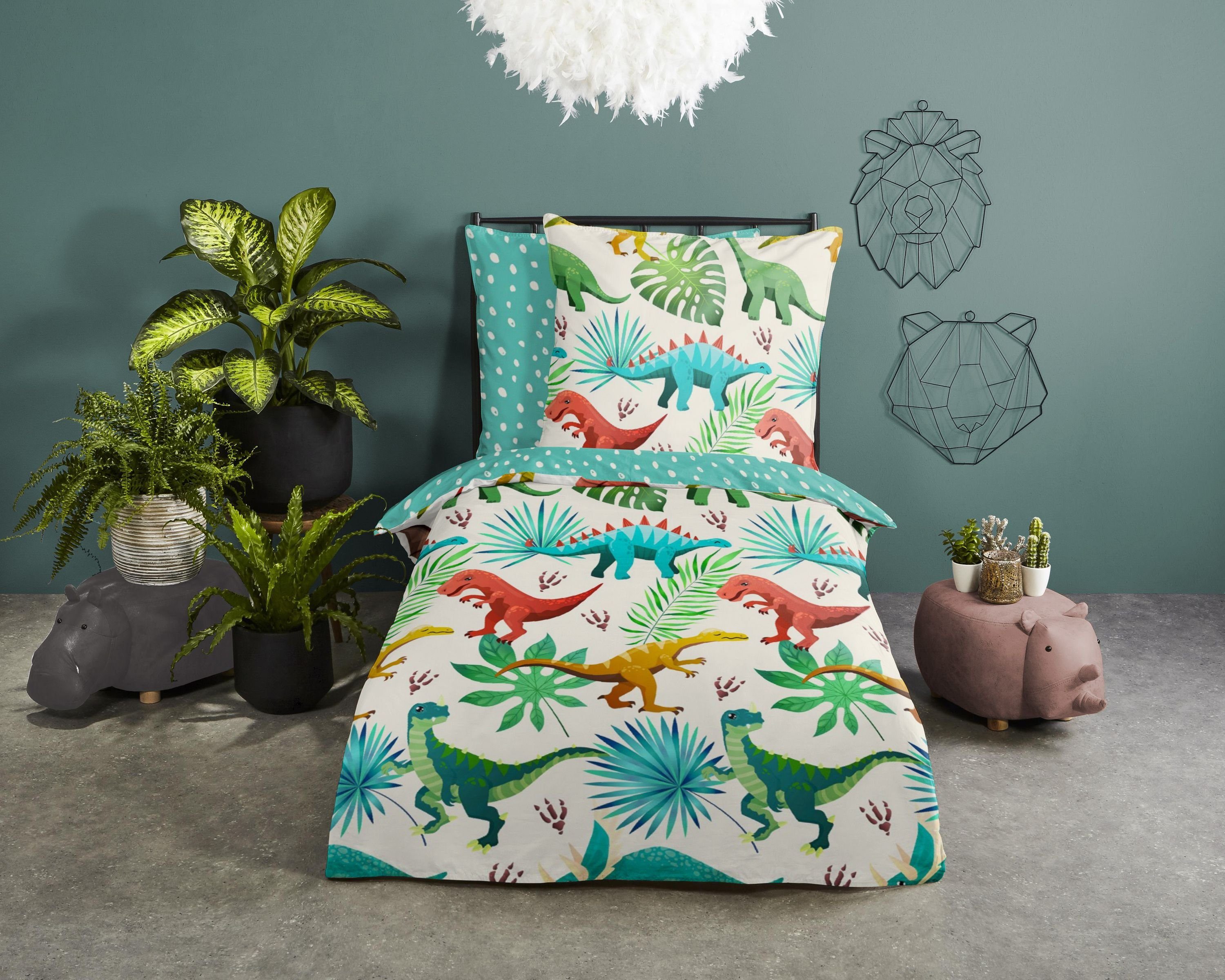 good morning Bettwäsche Baumwolle, Renforcé, 2 teilig, Dinos, bunt, Pflanze günstig online kaufen