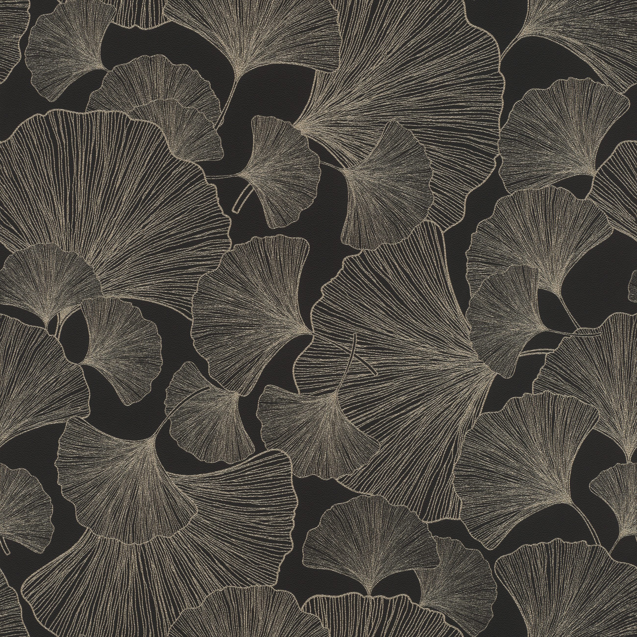 Rasch Vliestapete Ginkgo-Blätter - Vinyltapete Schwarz Gold, floral, (1 Rolle, 1 St., 10,05 m x 0,53 m), Lichtbeständige Farben - Feucht abwischbar - Restlost abziehbar