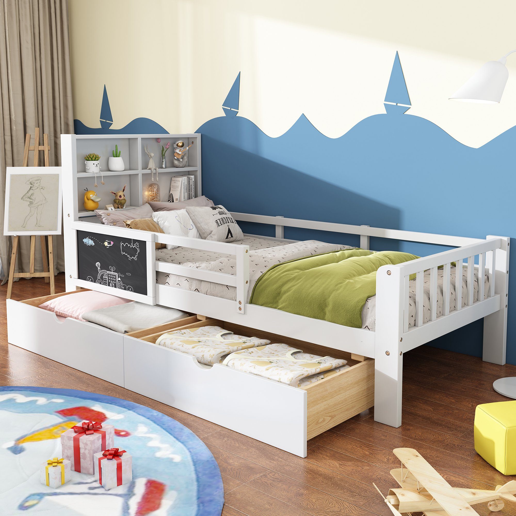 Odikalo Kinderbett Hausbett Mehr Funktionen, mit Schubladen Regal Tafel,  Weiß, 90x200cm