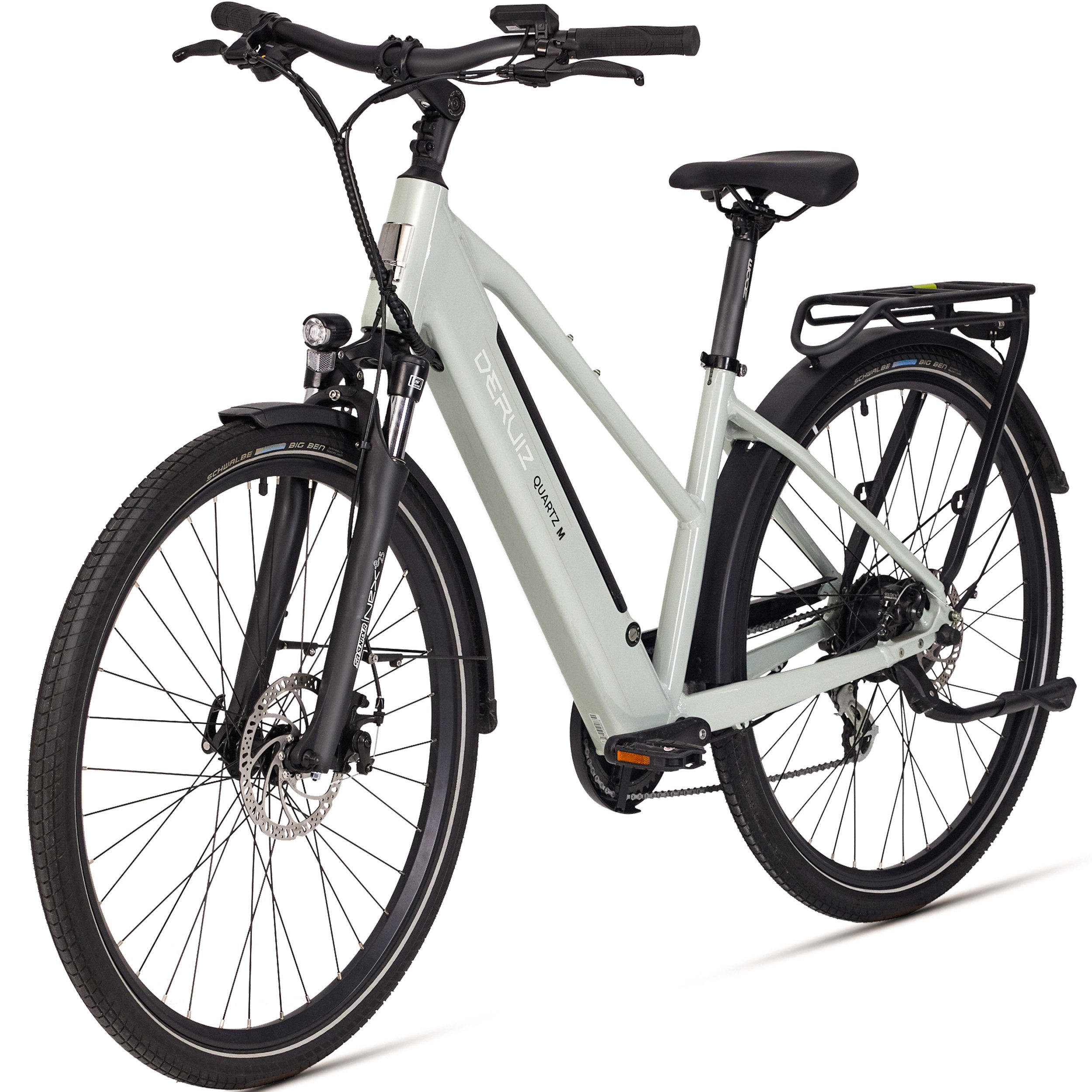 DERUIZ E-Bike Cityrad Deruiz Quartz 2025 City (M) & SUV, 250 W Heckmotor, 483/644 Wh Akku, 8 Gang SHIMANO Altus RD-M310-Smart Schaltwerk, Kettenschaltung, Heckmotor, 483 Wh, (Packung, mit Akku-Ladegerat, mit Werkzeug), 63 mm Federgabel,8‑Gang Shimano Acera, Scheibenbremsen