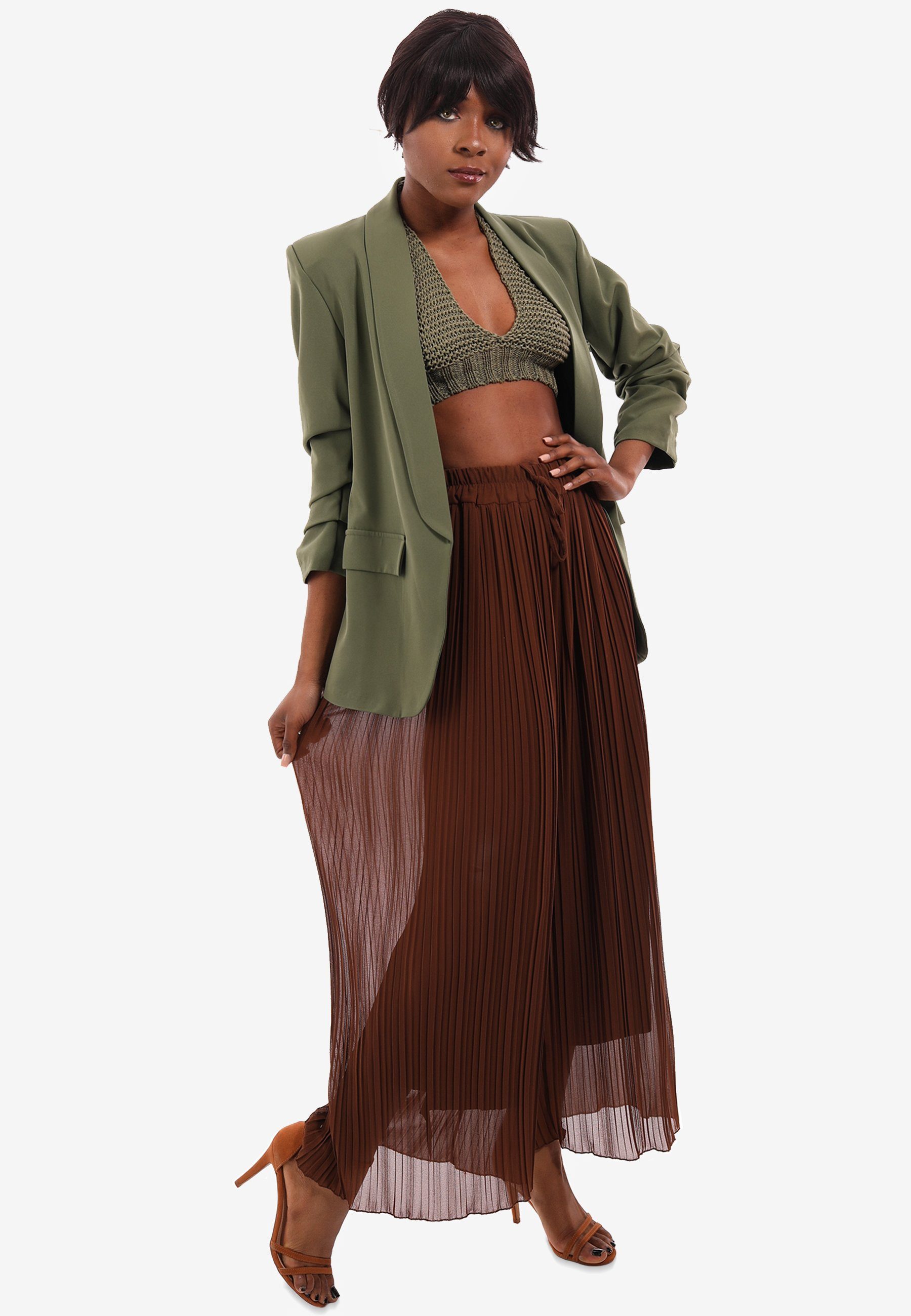 YC Fashion & Style Marlene-Hose Plissee Hose in Schlupfform mit Kordelzug, mit elastischem Bund, in Unifarbe braun