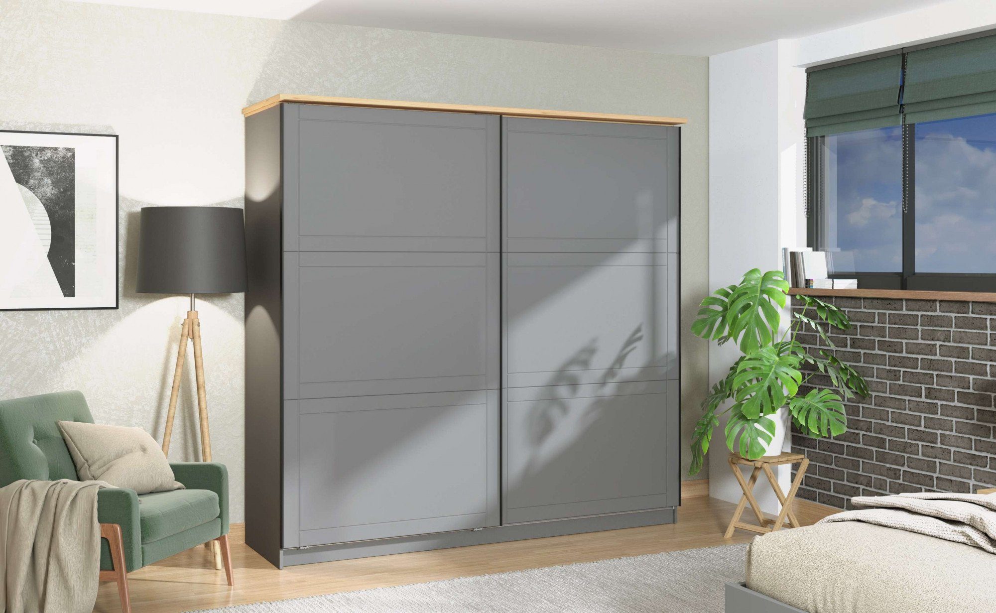 Home affaire Innenausstattung, komplette Valencia grau 220cm | Grau breit Schwebetürenschrank INKLUSIVE Graphite matt