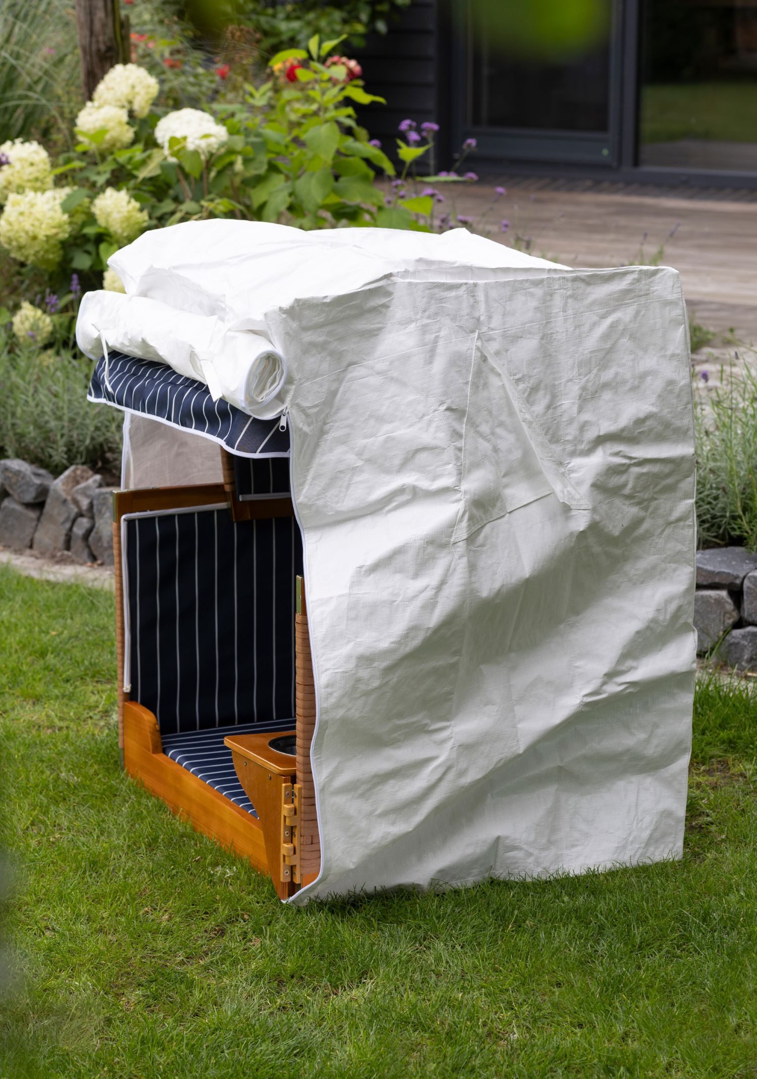 bene living Haustierstrandkorb Hundestrandkorb - gestreift/blau - PE beige, BxTxH: 80x65x95 cm, Hundestrandkorb, Hunde-Strandkorb, (10-tlg), Schutzhaube