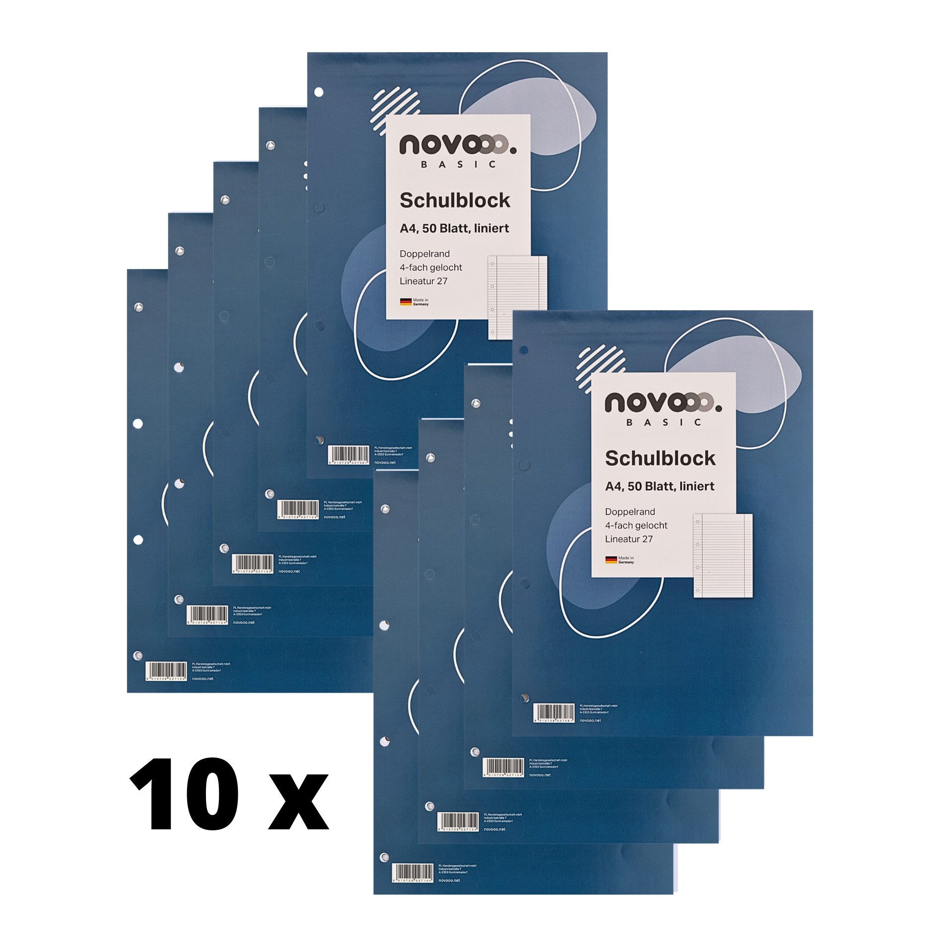NOVOOO Notizblock 10 x Schreibblock A4 LINIERT Notizblock College Block 70g/qm, 50 Blatt, Made in Germany, PREMIUM