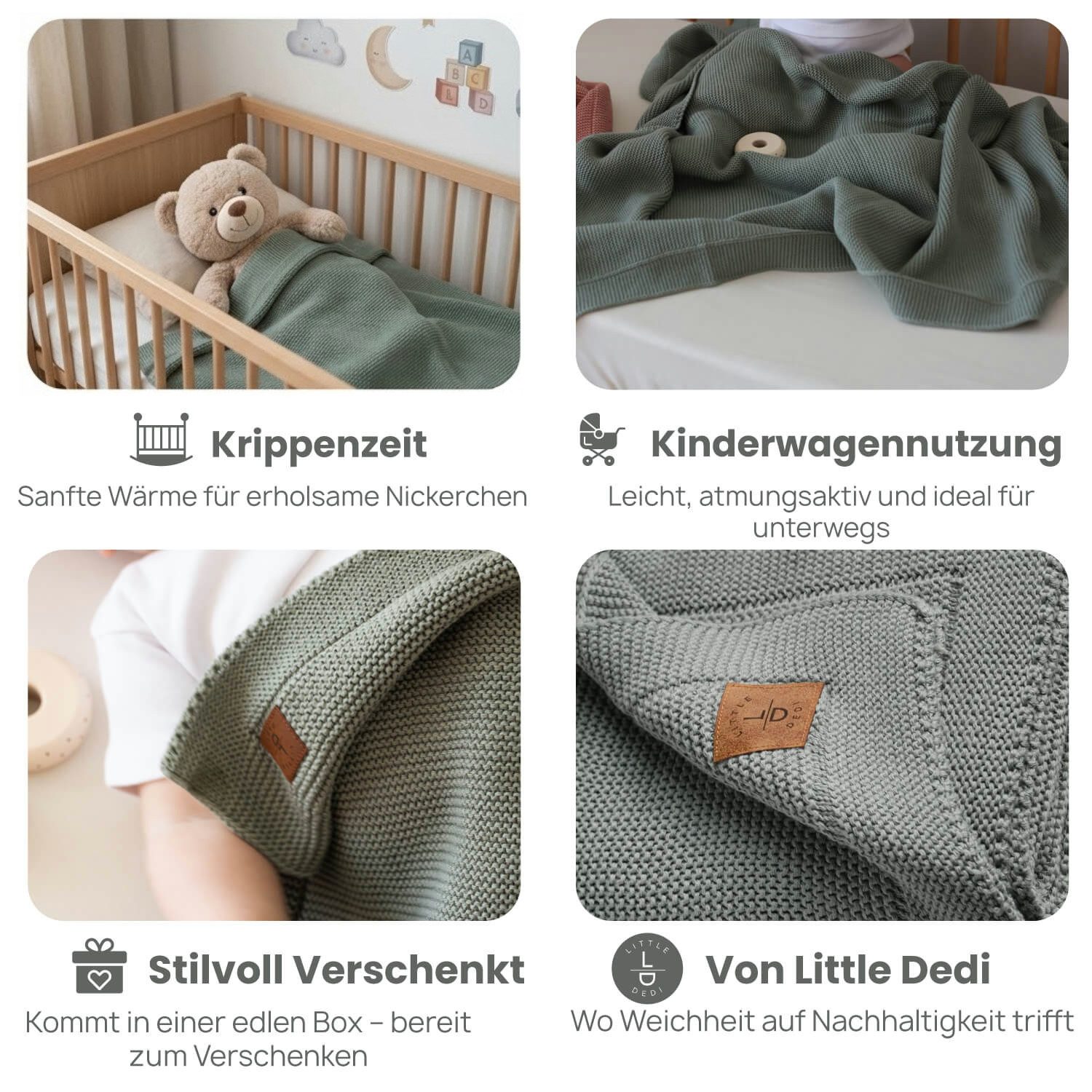 Babydecke Baby Strickdecke, %100 Bio Baumwolle, Atmungsaktiv 80x100cm Dunkelgrün, Little Dedi