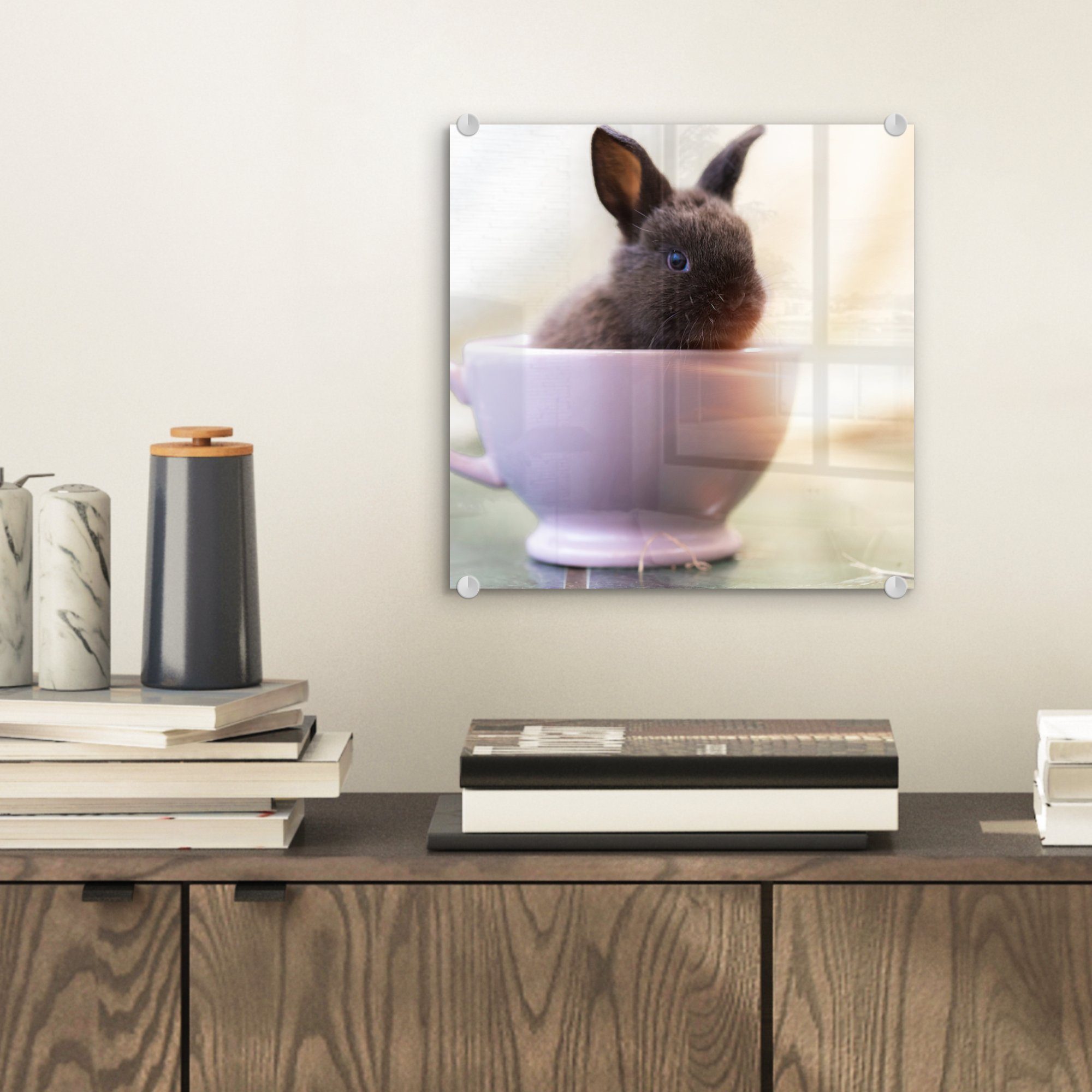Kaninchen auf - - St), Wandbild - Acrylglasbild - Wanddekoration MuchoWow Glas auf Baby (1 Glasbilder Foto Bilder - Glas Teetasse,