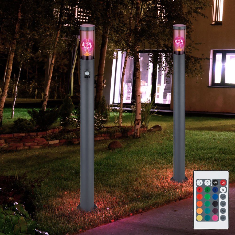 Edelstahl RGB Bewegungsmelder Stehleuchte Fernbedienung Farbwechsel, Leuchtmittel Außen inklusive, LED Warmweiß, Außen-Stehlampe, LED 2x Globo