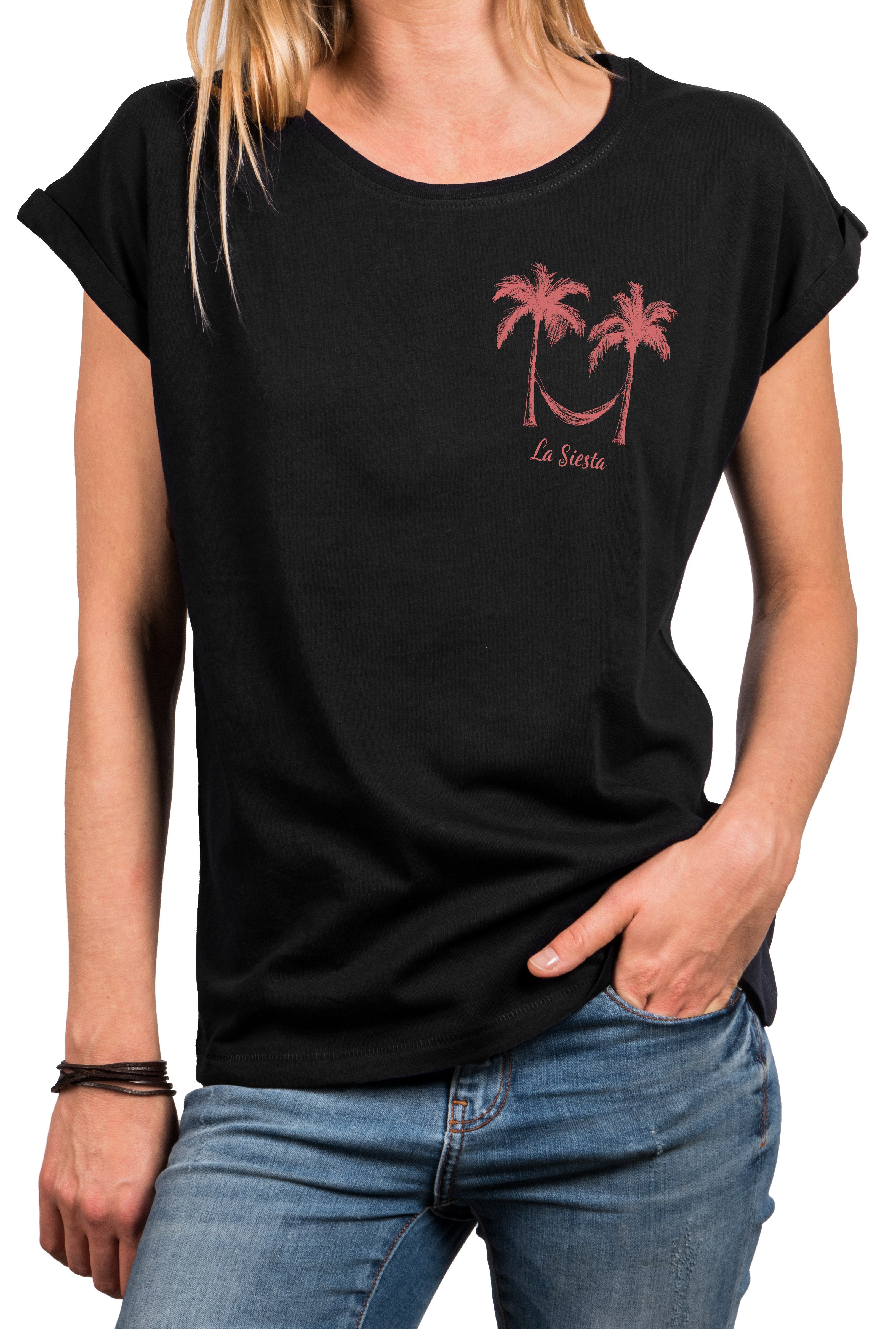 MAKAYA T-Shirt Sommerliches Damen-Top im Boho-Stil mit Palmen und Hängematt günstig online kaufen