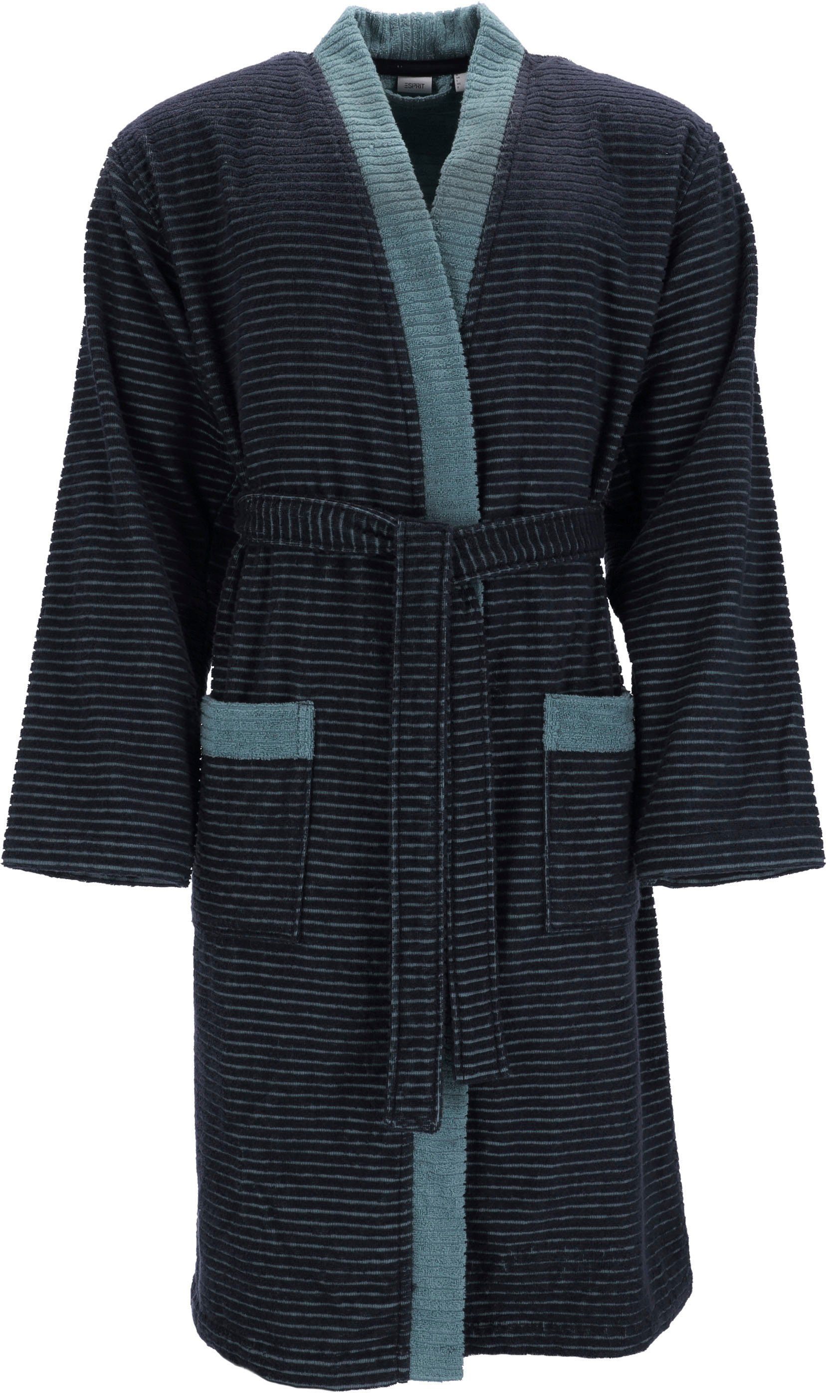 Kimono-Kragen, Gürtel, Herrenbademantel Esprit blue Double Stripe, Kimonomantel Webfrottier, Doubleface navy Langform,