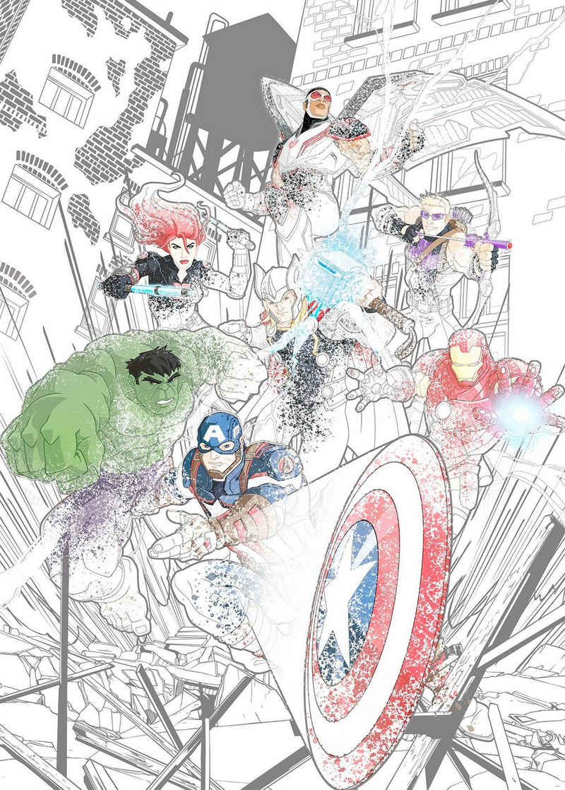 Komar Fototapete Avengers Attack, glatt, Comic, Retro, bedruckt, mehrfarbig, 200x280 cm (Breite x Höhe)