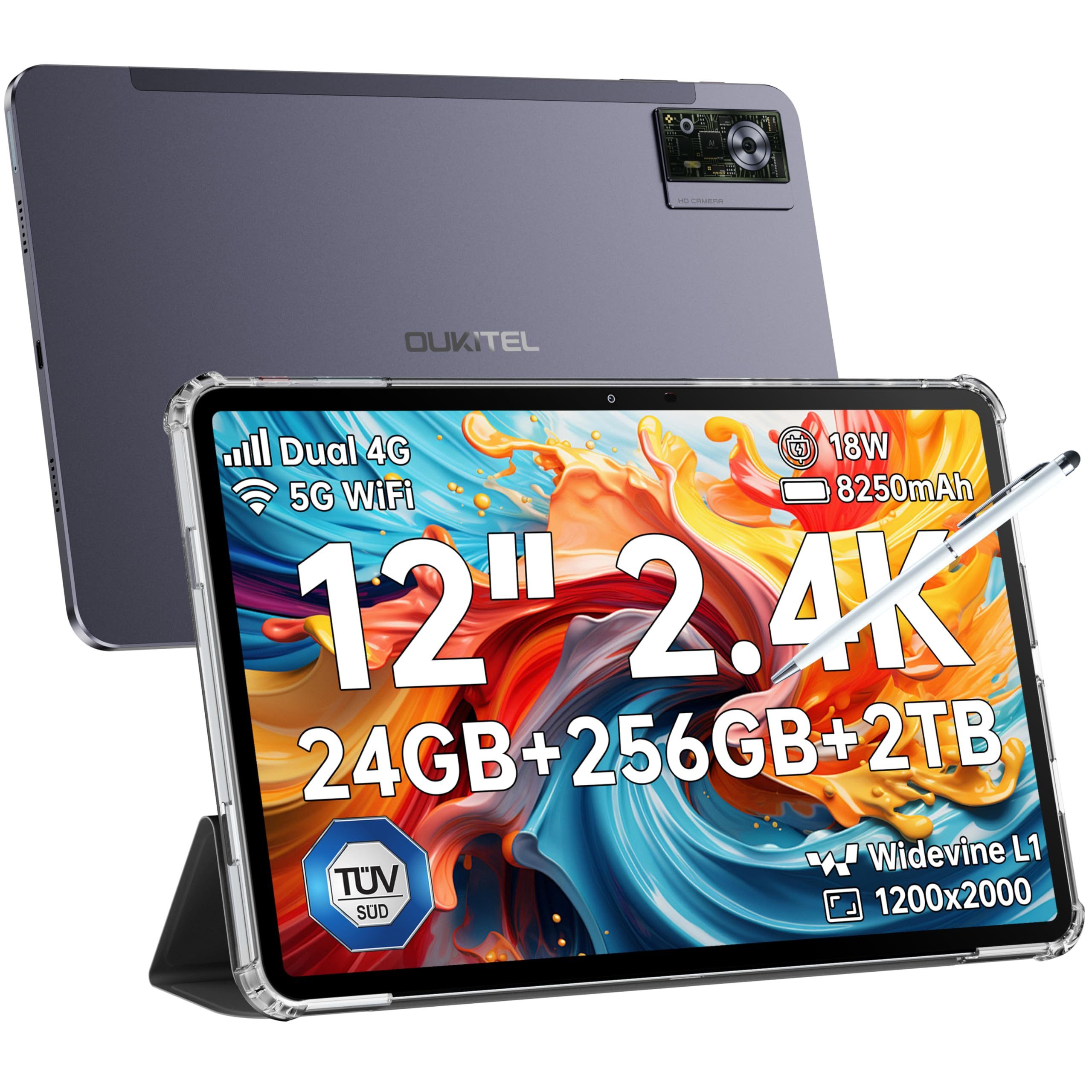 OUKITEL OT5S 24GB RAM+256GB ROM(TF 2TB), 12 Zoll Tablet (12", 256 GB, Android 14, 4G LTE, 2.4K IPS Планшеты mit Stift, 8250mAh, 16MP Kamera)