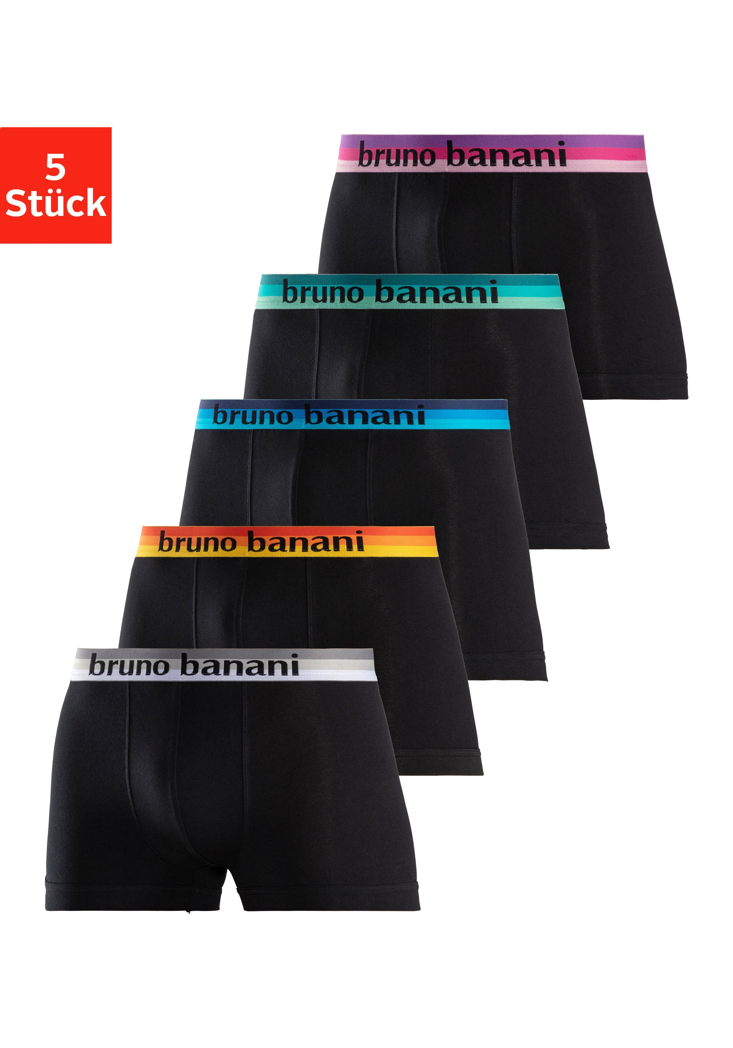 Bruno Banani Boxer (Packung, 5-St) mit Streifen Logo Webbund navy-blau, schwarz-pink, grau-meliert-mint, anthrazit-meliert-gelb, schwarz-grau