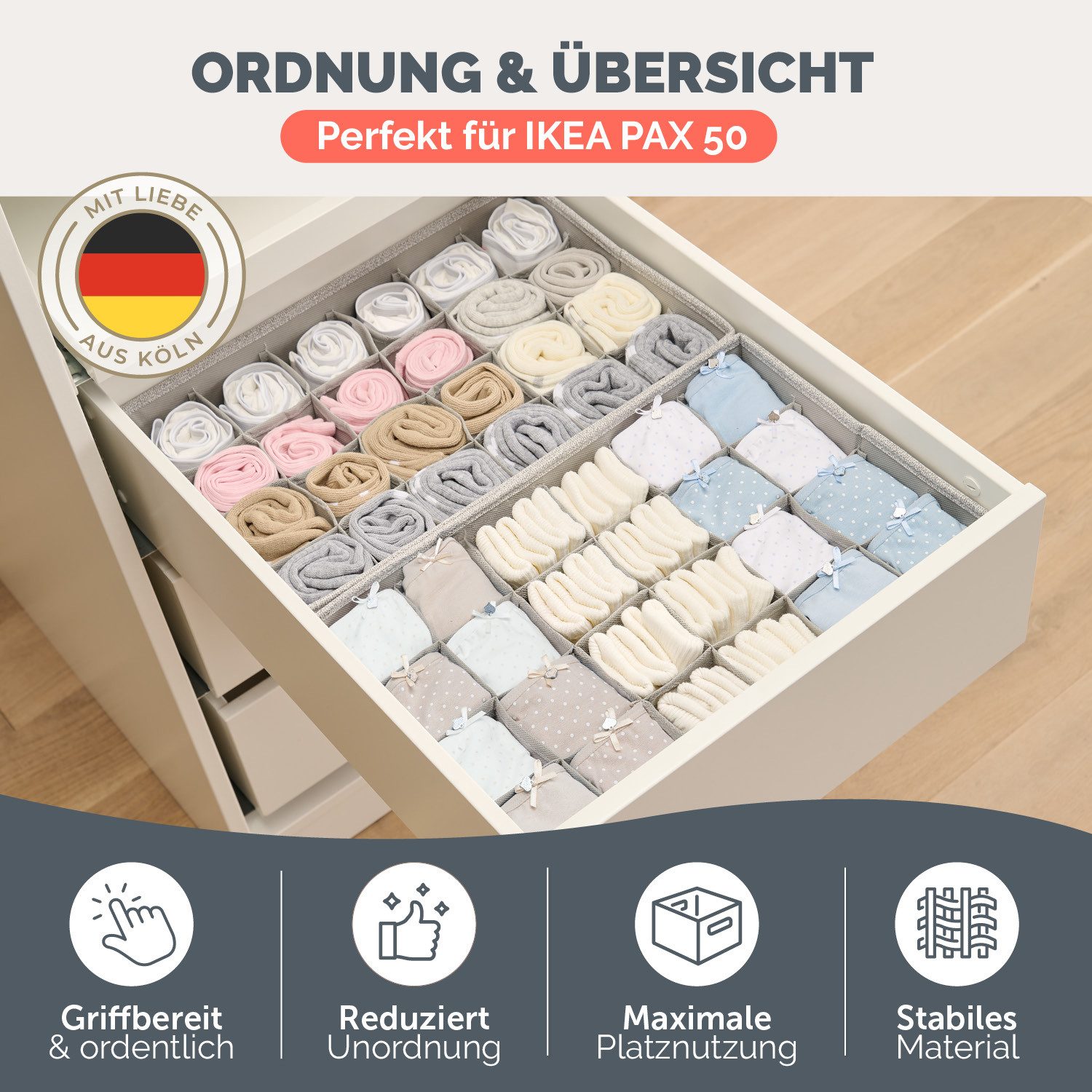 Blumtal Faltbox Kompatibel HEMNES, MALM, PAX Organizer Ordnungssystem Kleiderschrank (2 St), Faltboxen für BHs, T-Shirts - Boxen für Schrank – Bild 3 von 5