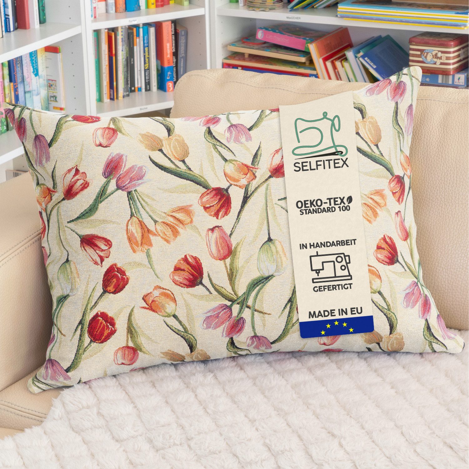 Selfitex Dekokissen XXL 60x80, inkl. Füllkissen, bunter Gobelin-Stoff, Bezug aus Baumwollmischung, für Bett und Couch, Sofakissen, Zierkissen