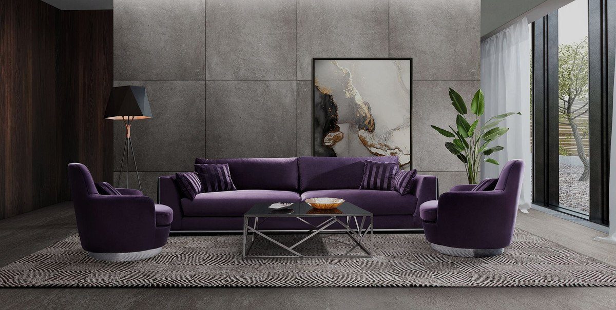 Luxus Wohnzimmer Sofa - Sofa H. Sofa dekorativen 61 / Wohnzimmer x - Luxus cm Lila 102 300 mit Padrino Möbel x Casa Kissen Silber