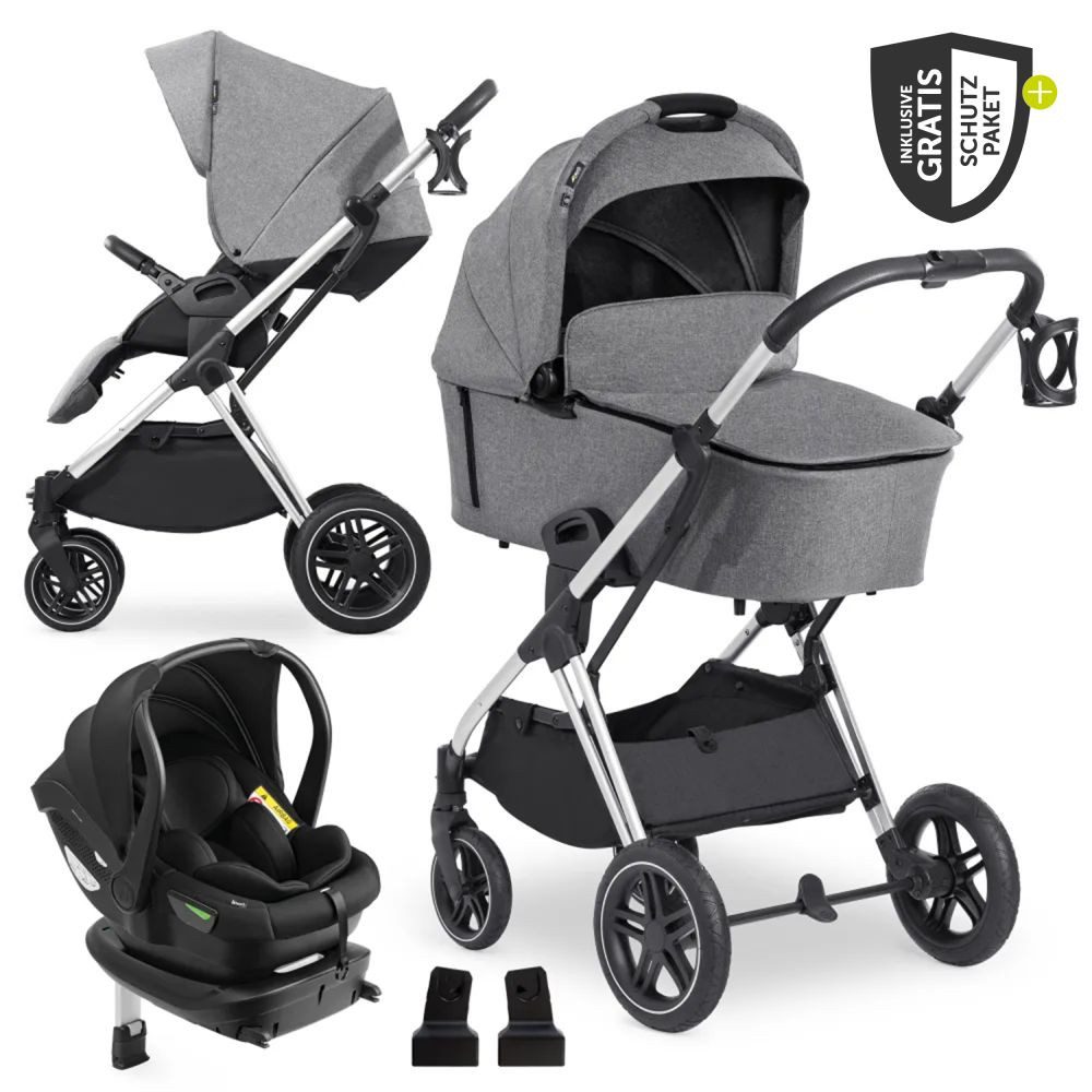 HAUCK Kombi-Kinderwagen Vision X Trio Set - Melange Grey 4in1 Kinderwagen Set mit Babyschale, Babywanne, Sportsitz, Isofix Base mehr