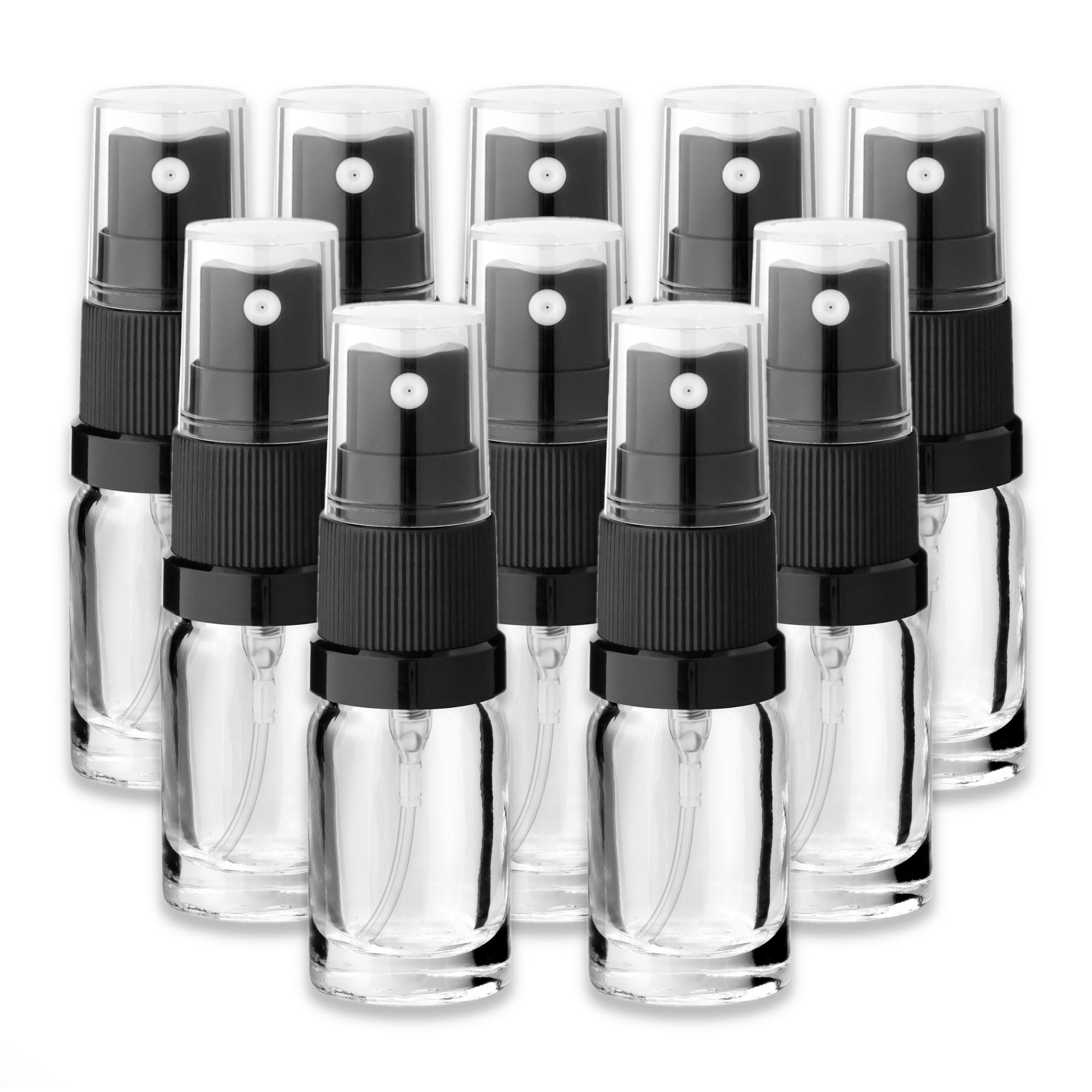 CK Verpackung GmbH Zerstäuberflasche 10x Klare Glasflasche 5 ml mit schwarzem Zerstäuber Sprühkopf leer Set (Set x10)