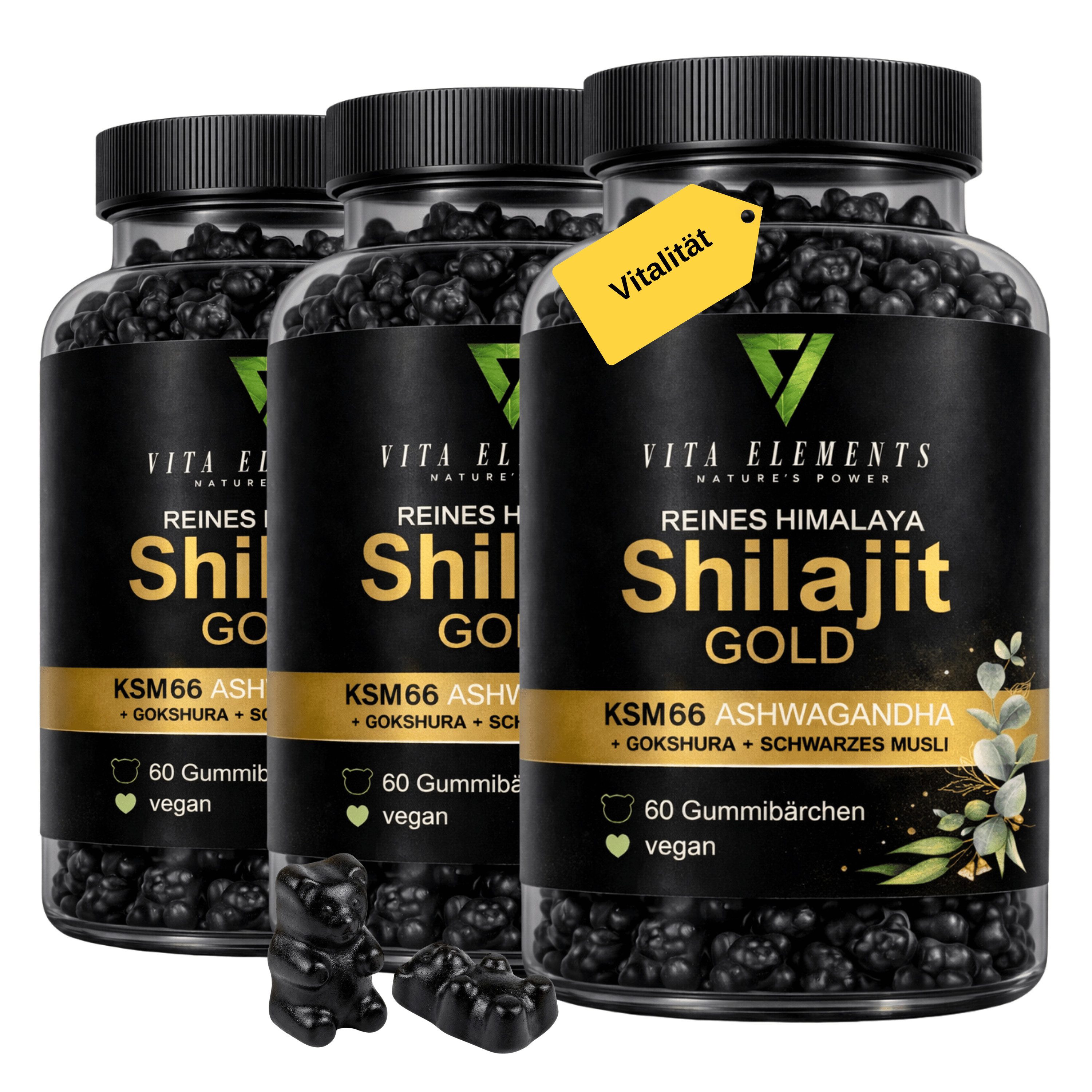 Vita Elements 3er Set Himalaya Shilajit Gold Gummibärchen, 180 Stk. Vegan frei von Gentechnik Laborgeprüft in Deutschland Gummies