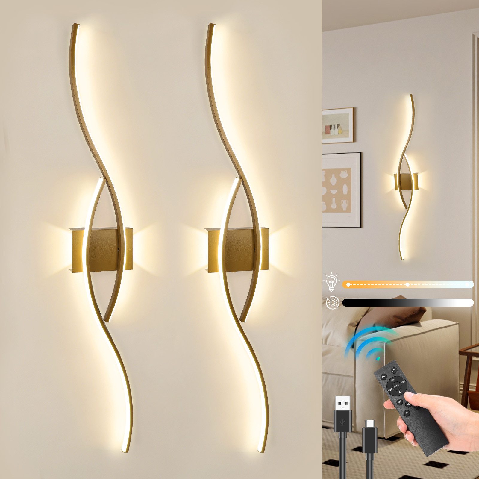 Rosnek Wandleuchte Modern Wandleuchte, Warmweiß, dimmbar, Akku, Memory, Sanfter Nachtlichtmodus, Hyperbolisches Design, für Schlaf- & Wohnraum