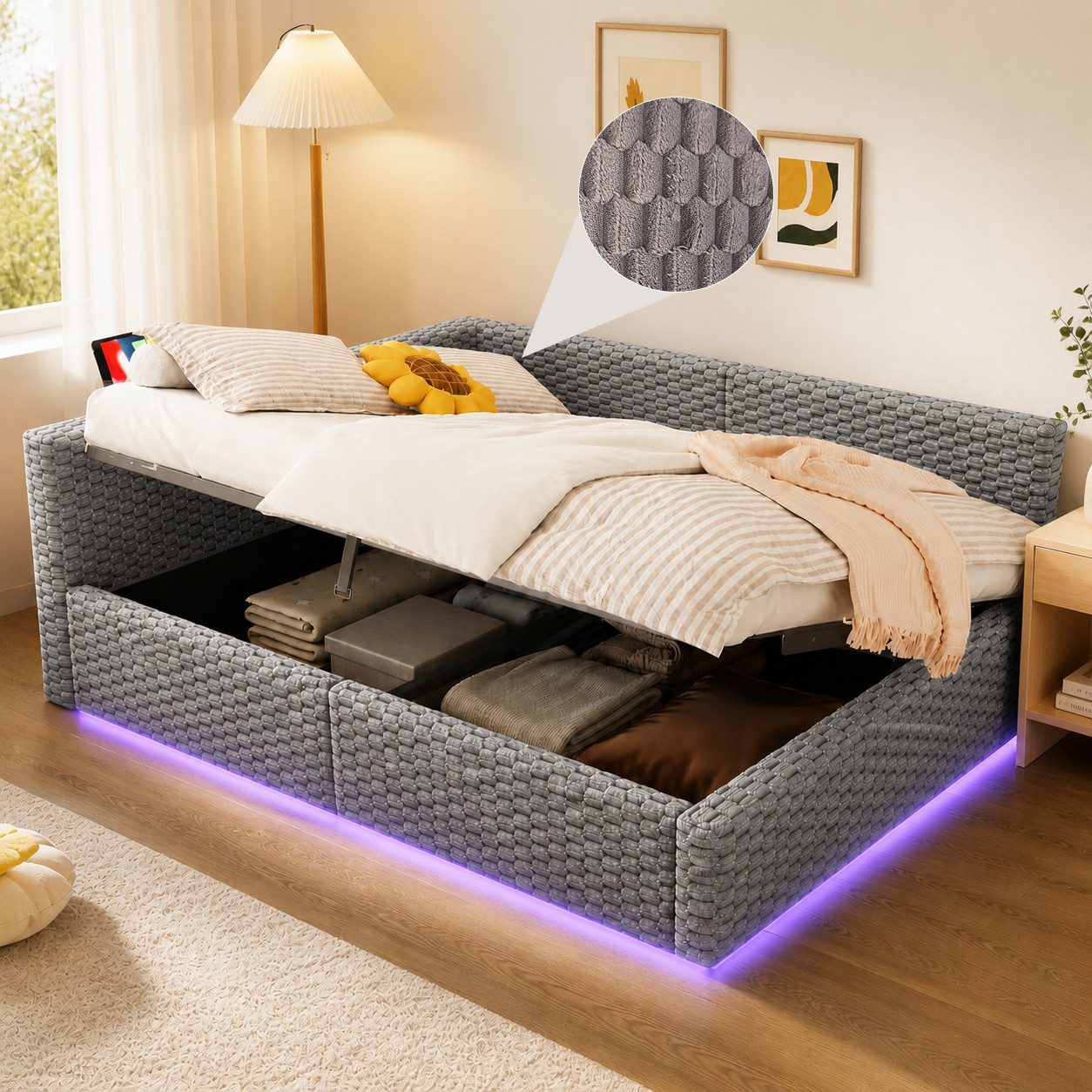 Flieks Daybett, Hydraulisches Polsterbett 140x200cm mit LED-Beleuchtung und Aufladen