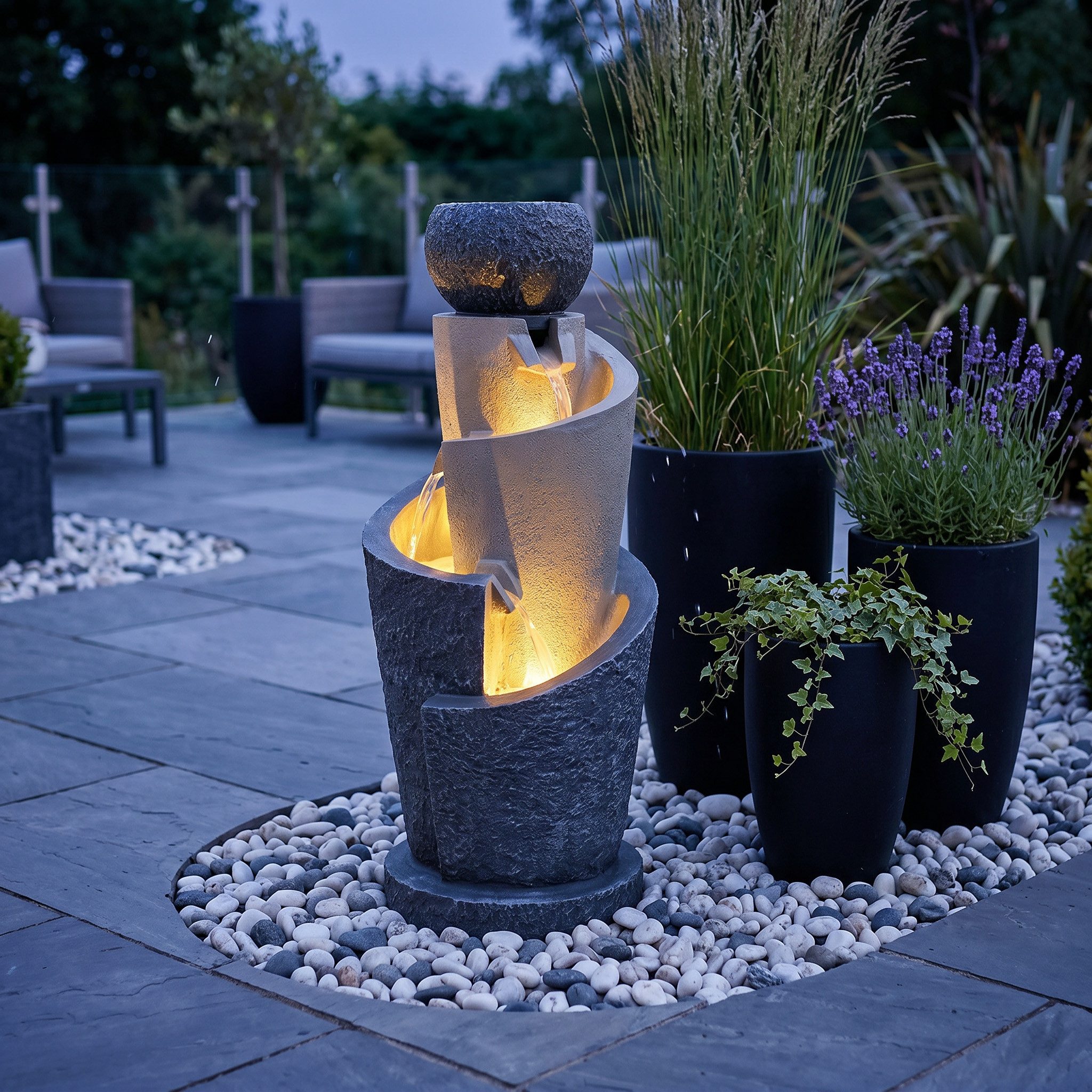 Arnusa Gartenbrunnen Springbrunnen mit LED Beleuchtung inkl. Dekobecken, Gartendekoration Wasserspiel Warmweiß
