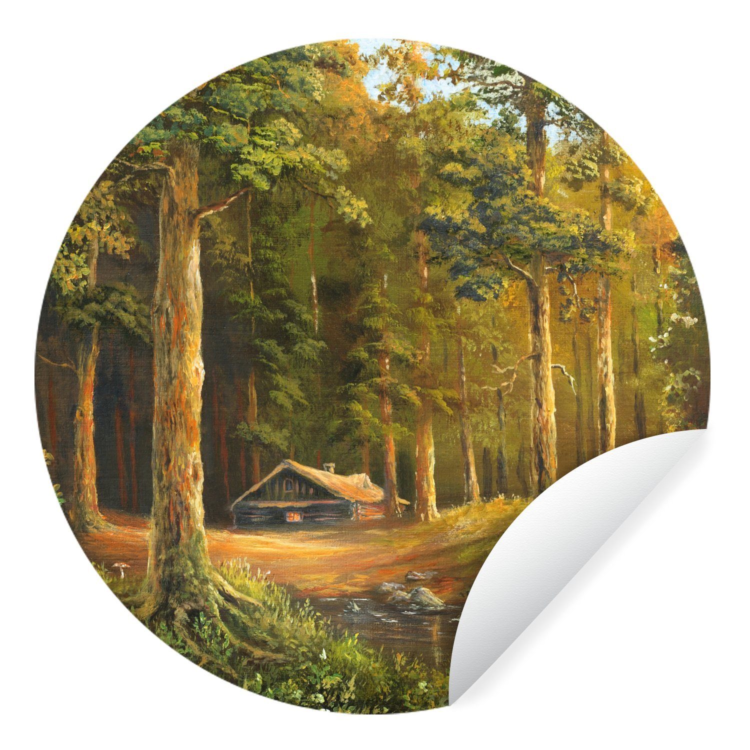 MuchoWow Wandsticker Eine Illustration einer Hütte in einem Wald (1 St), Tapetenkreis für Kinderzimmer, Tapetenaufkleber, Rund, Wohnzimmer