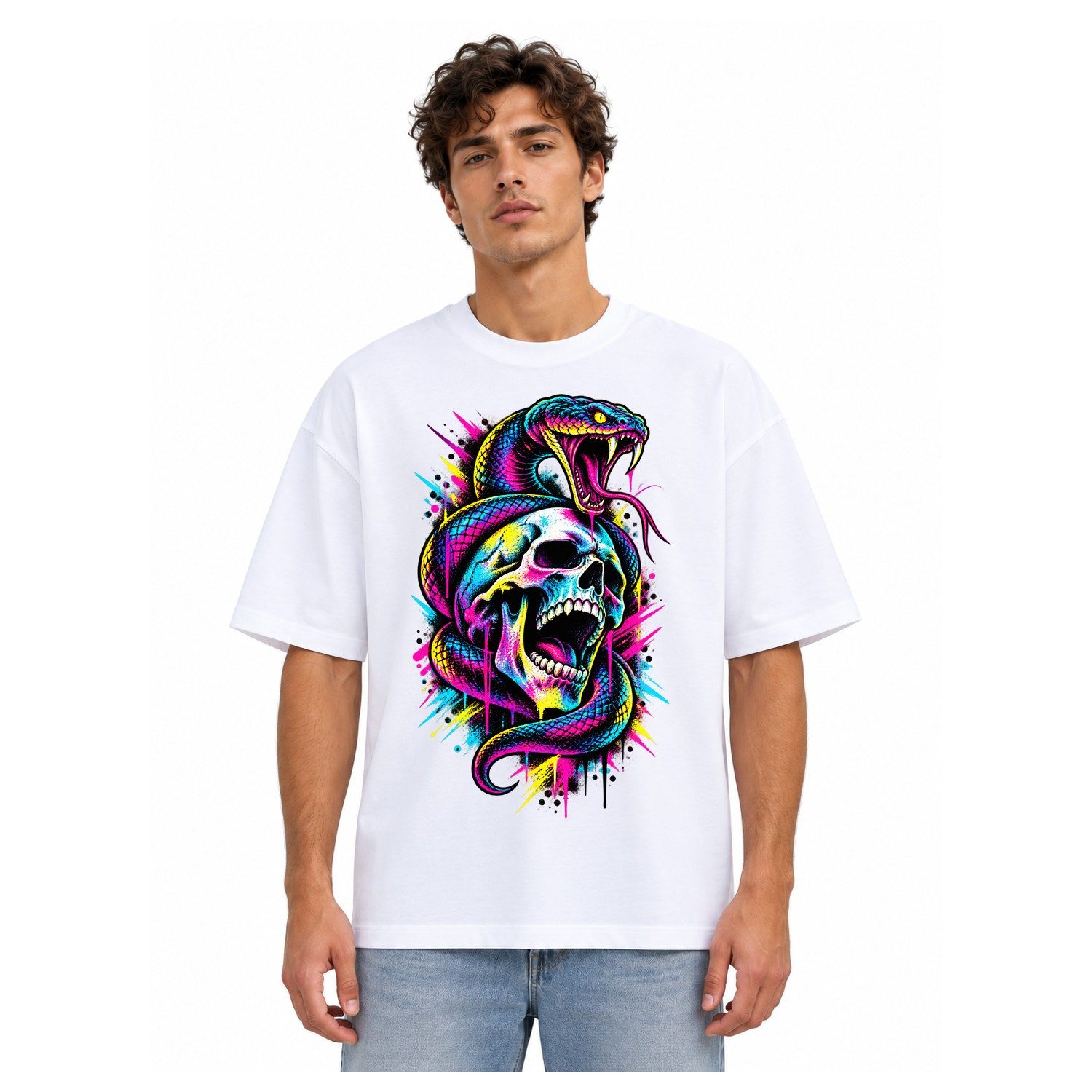 Blondie & Brownie T-Shirt Oversize T Shirt Herren Totenkopf mit Schlange und Frontmotiv (Einzelartikel) Neonfang Urban Venom Artwork