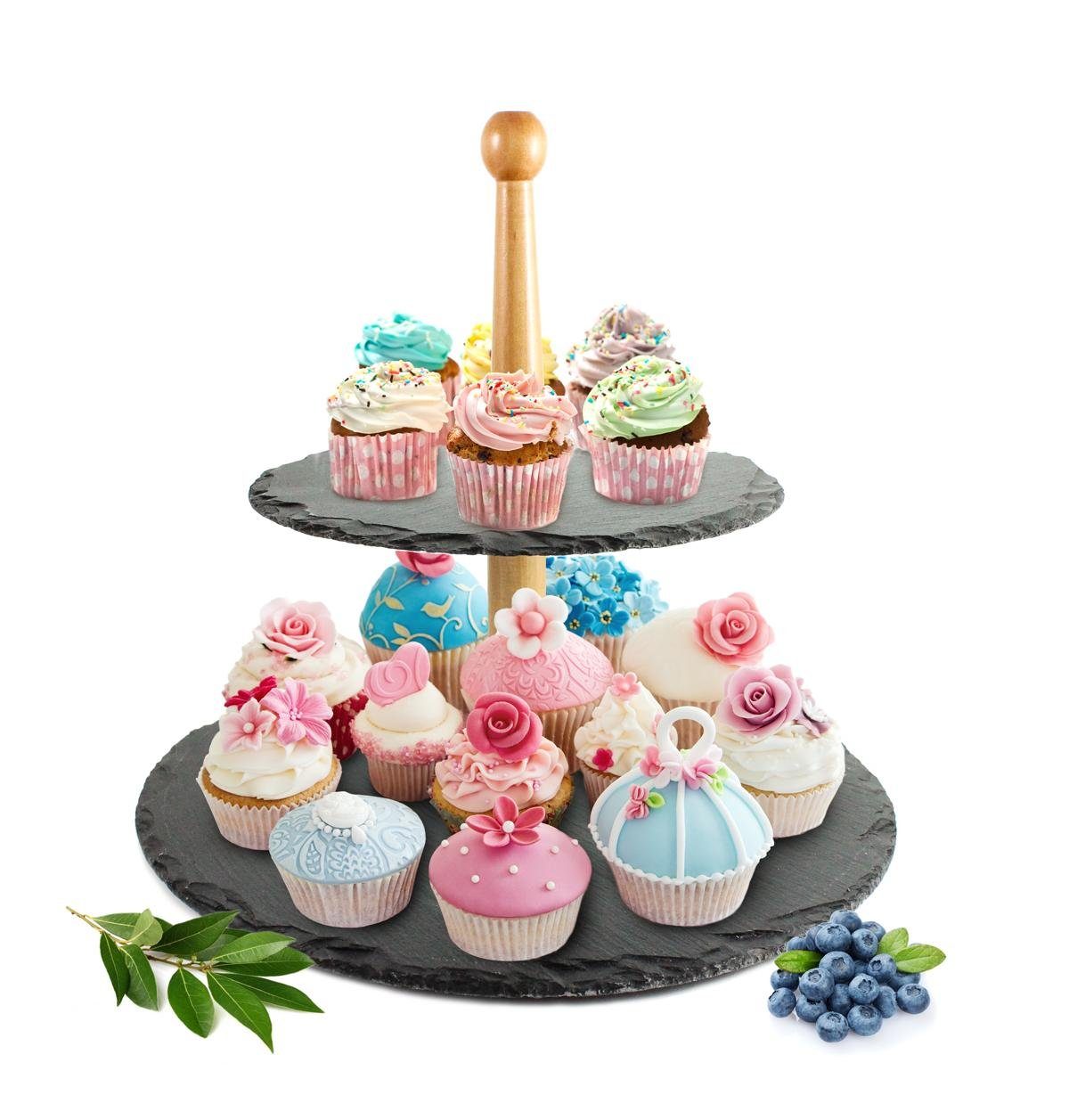 Sendez Dekoetagere Etagere 2 Stöckig Ø30cm aus Schiefer Kuchenplatte Kuchenständer