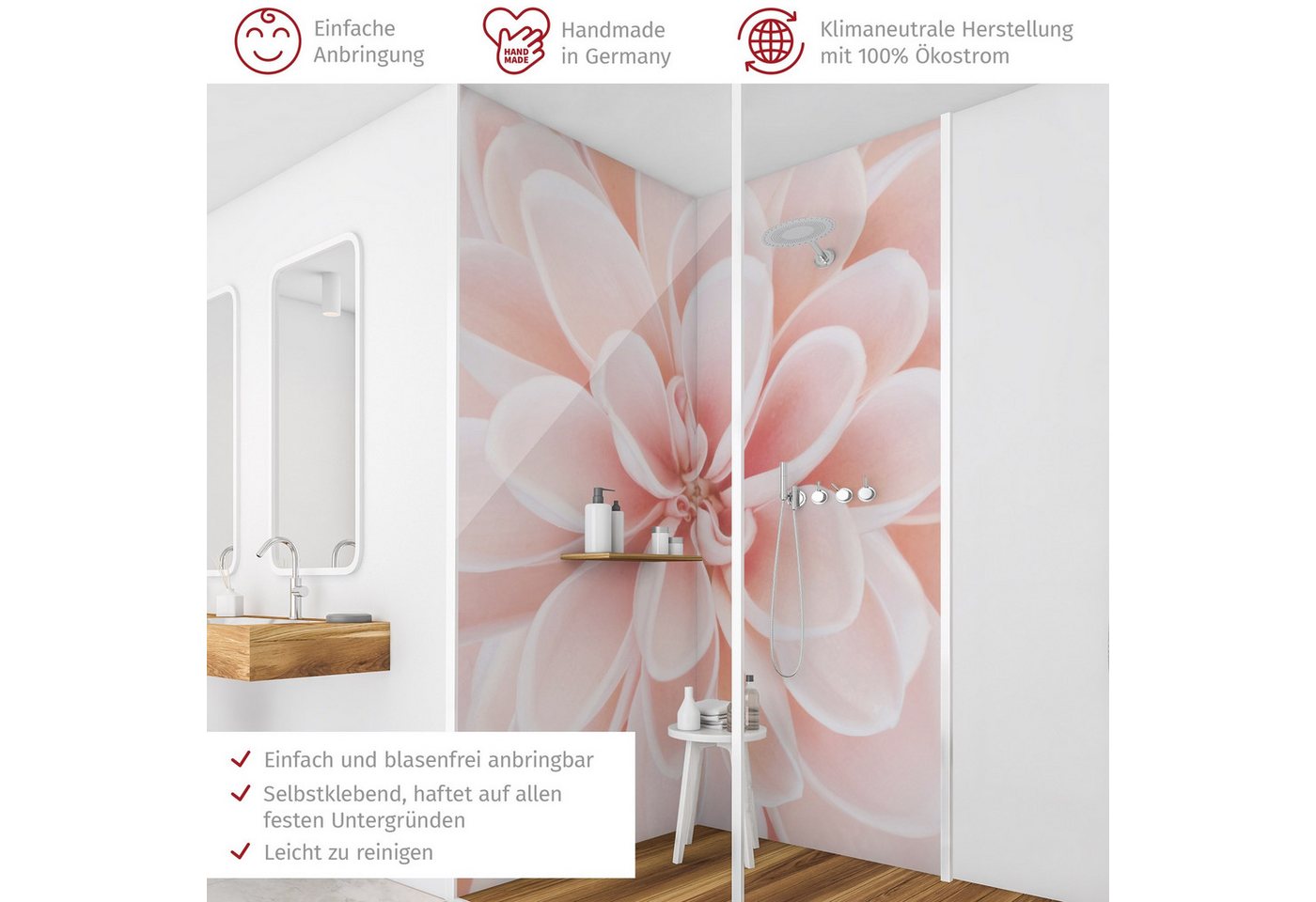 Thumbnail - Bilderdepot24 Badrückwand Blumen rosa Duschrückwand ohne Bohren Dusche Dahlie, (2-tlg., Hart-Folie Premium matt 0,61 mm)...