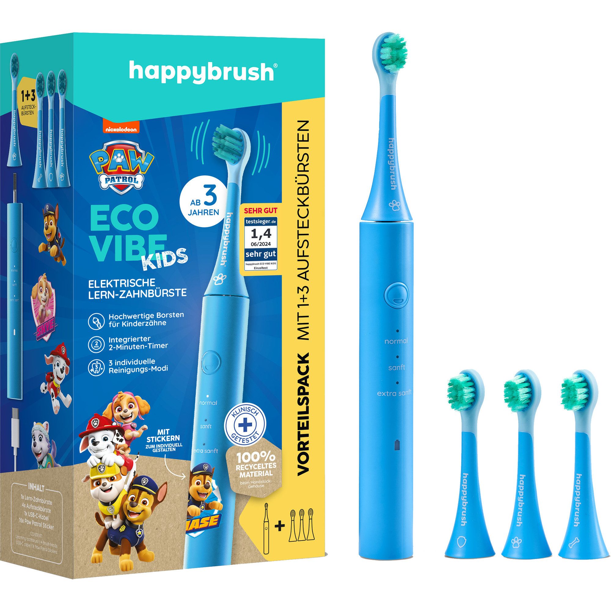 happybrush Elektrische Zahnbürste happybrush ECO VIBE KIDS Paw Patrol + 3 Refills