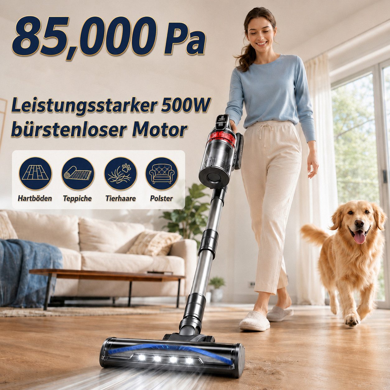 Grenintol Akku-Hand-und Stielstaubsauger Akkustaubsauger 85000Pa/500W/65Min, Akku Staubsauger Kabellos, 500 W, Akku Handstaubsauger Ideal für Teppich, Hartboden und Tierhaare, 5 Saugstufen, AUTO, HEPA-Filter, LED-Düse, Anti-Tangle, selbststehend