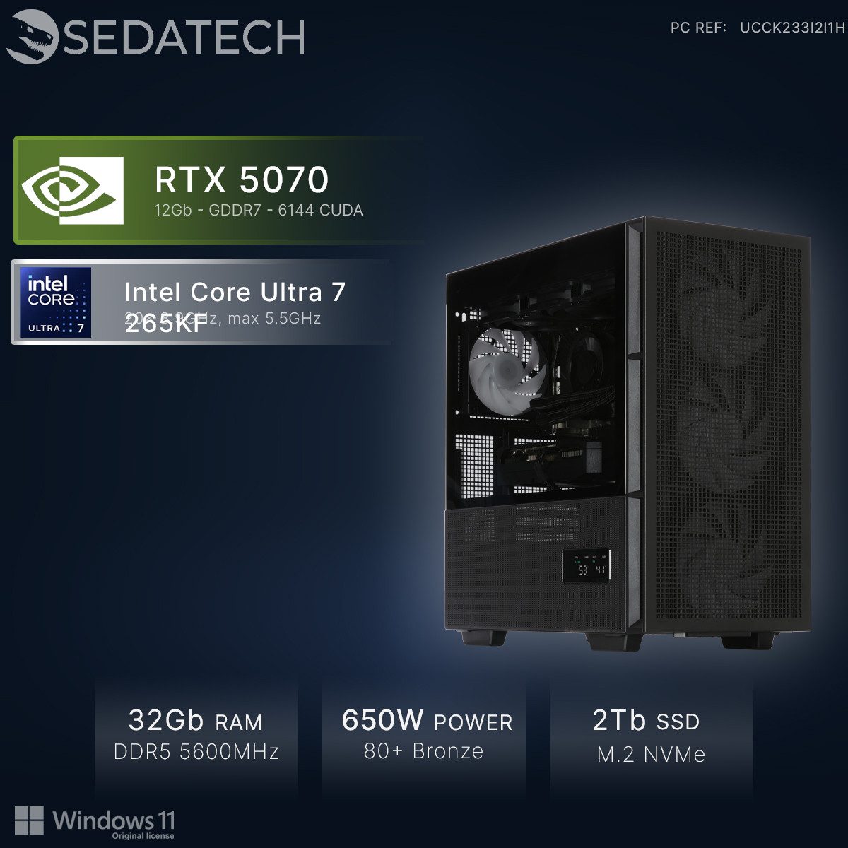Sedatech UCCK233I2I1HF - Watercooling Gaming-PC (Intel Intel Core Ultra 7 Intel Core Ultra 7 265KF 20x 3.9GHz (max 5.5GHz), Geforce RTX5070 12GB, 32 GB RAM, 2000 GB SSD, Watercooling, Wlan 7)