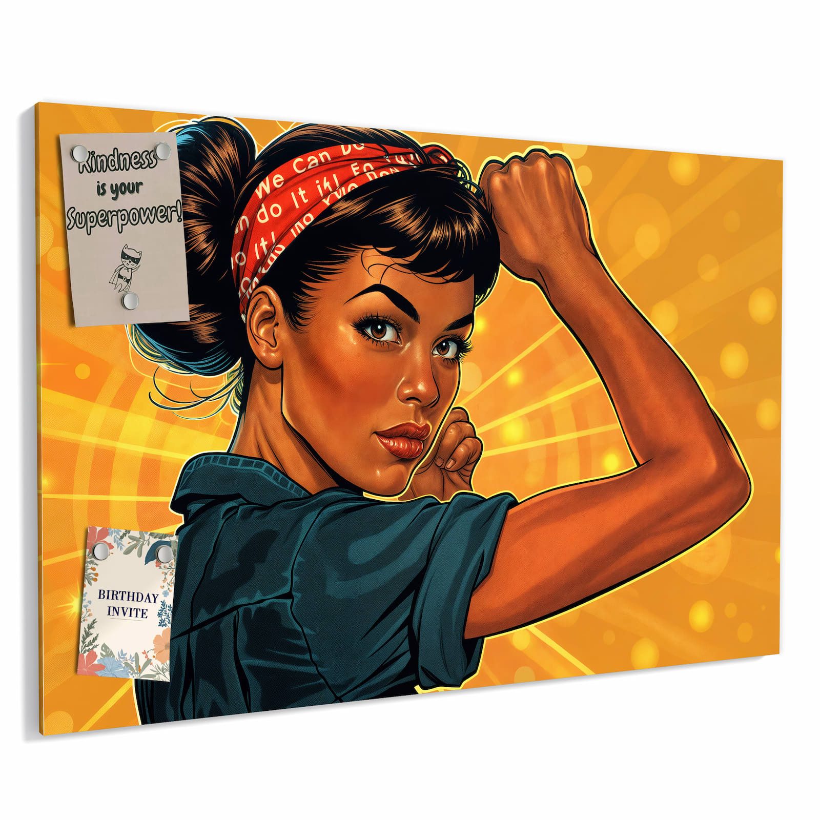 Primedeco Magnettafel Starke Frau in Pop Art – Magnetwand & Memoboard aus Metall, (Komplett-Set, 1-tlg., Inklusive 4 Magnete und 2 Boardmarker (weiß & schwarz), magnetisch & beschreibbar