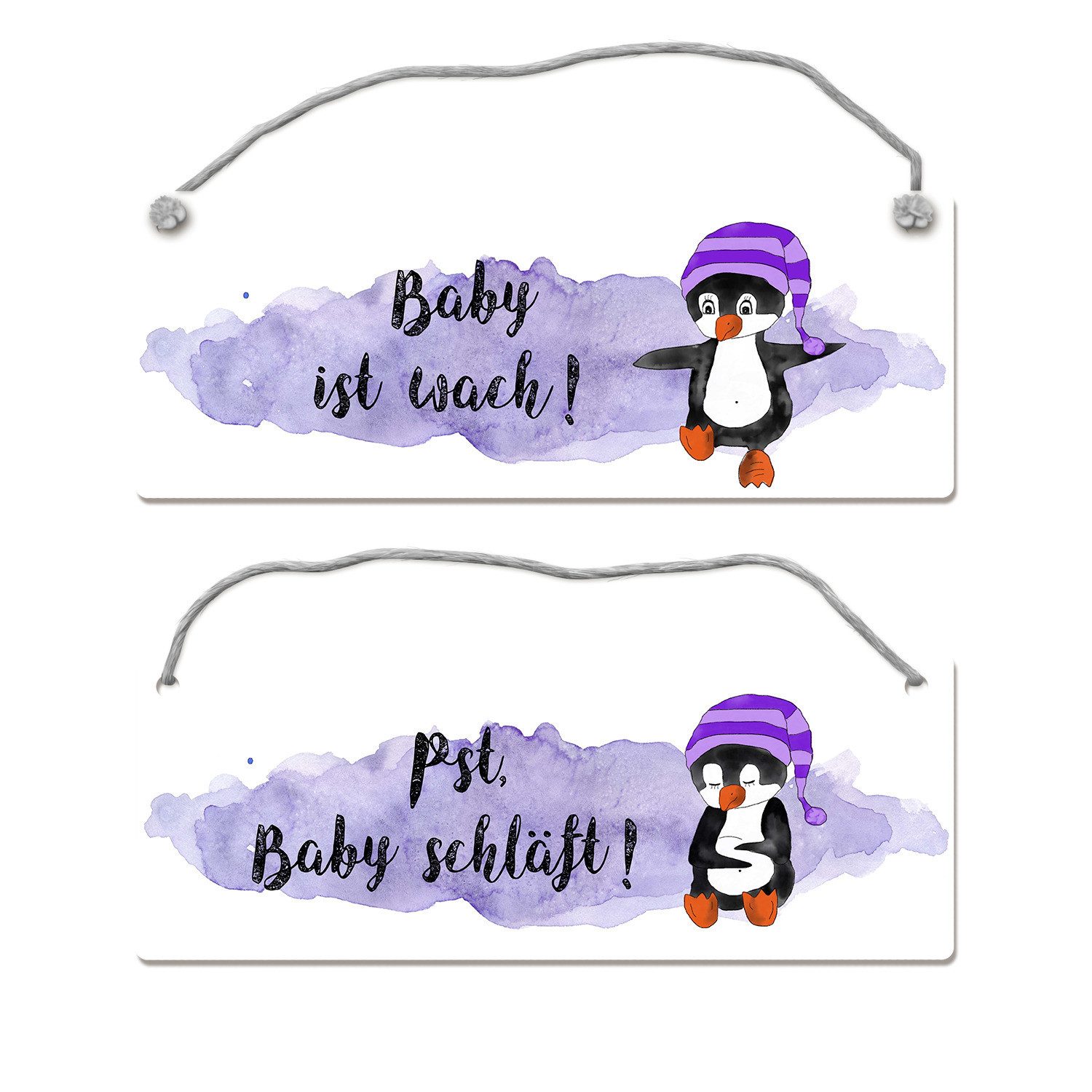 Metallschild Pst Baby schläft Wendeschild mit Pinguin in lila