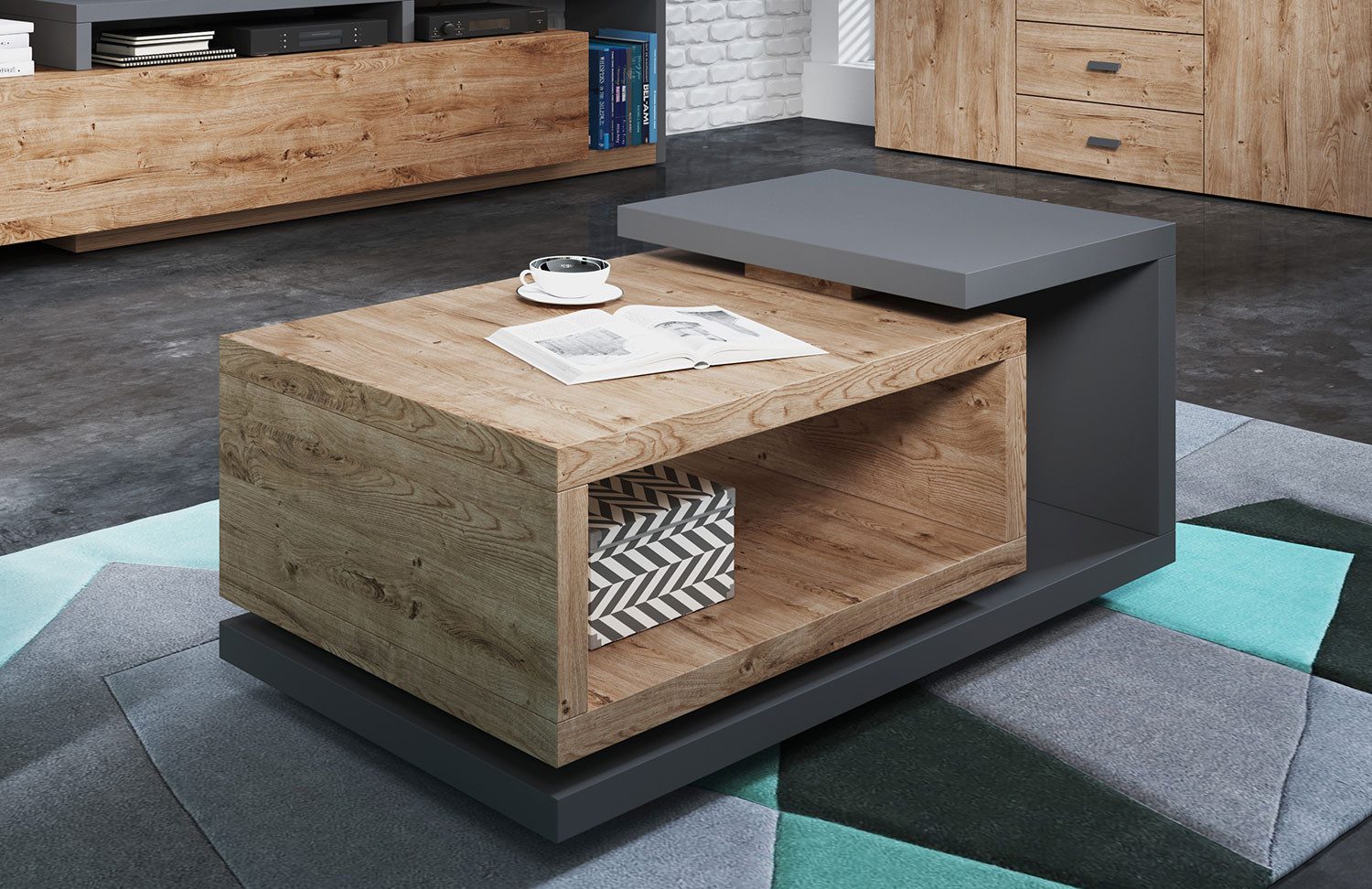 Helvetia Couchtisch Broto (1 Couchtisch, 1-St., grifflos ohne Beleuchtung), 120x60x47,5cm anthrazit / ribbeck eiche 1-teilig