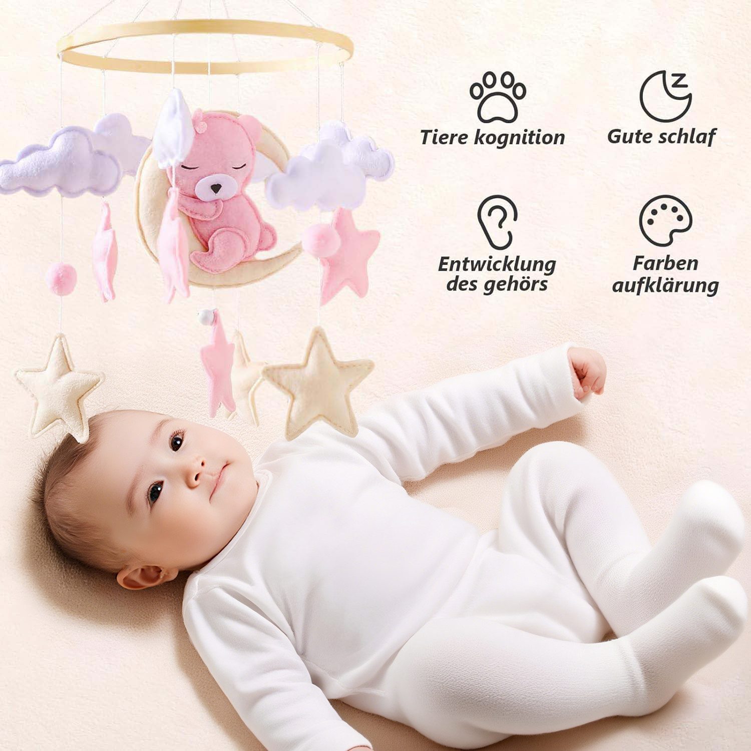 Coonoor Mobile Baby mit Holzring und süßen Tierchen für Babybett Jungen und Mädchen