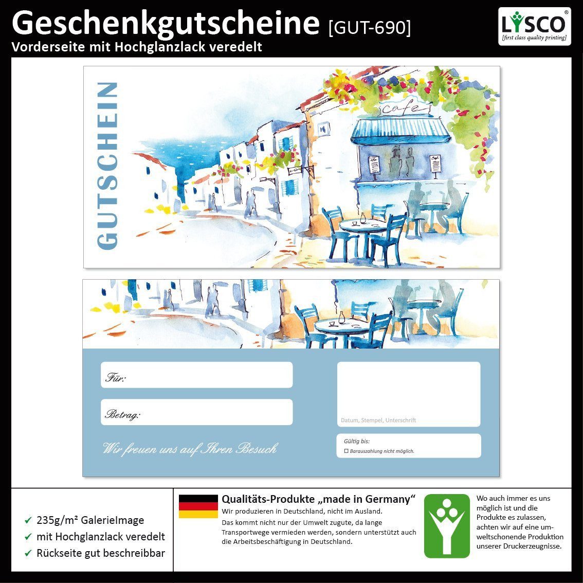 LYSCO Geschenkkarte Geschenkgutschein - Café Honig Fast Food Obst Früchte Imbiss, Hamburger Rippchen Gastronomie Kaffee Bistro Cafés Bienen Nektar