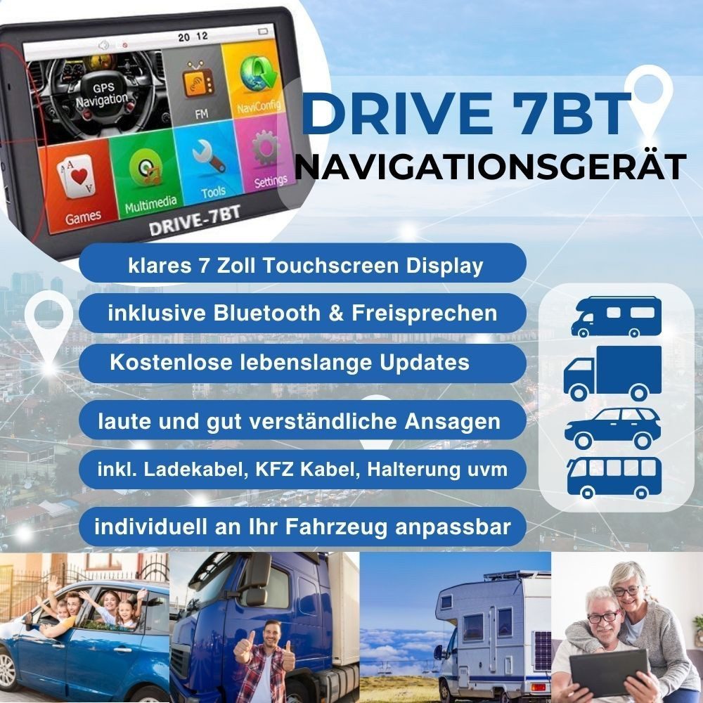 GABITECH 7 Zoll GPS Navigationsgerät DRIVE 7BT Bluetooth für LKW PKW Wohnmobil mobiles Navigationsgerät (Zentraleuropa, inklusive lebenslanger Kartenupdates, inklusive Zubehör,Bluetooth Anruf Freisprechen, einfache Bedienung)