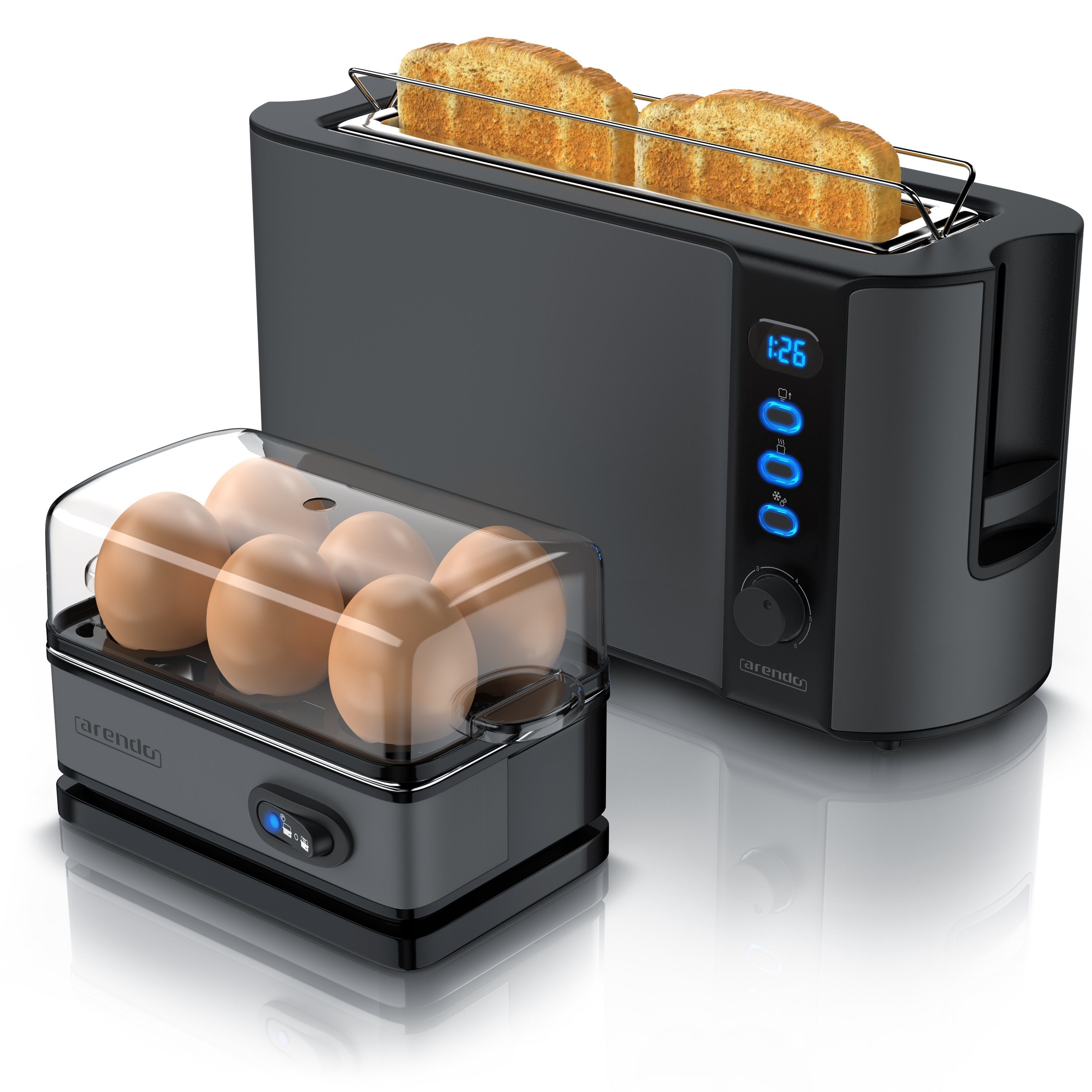 6-fach 2-Scheiben Toaster Eierkocher, Arendo und Frühstücks-Set Edelstahl, Grau (2-tlg),