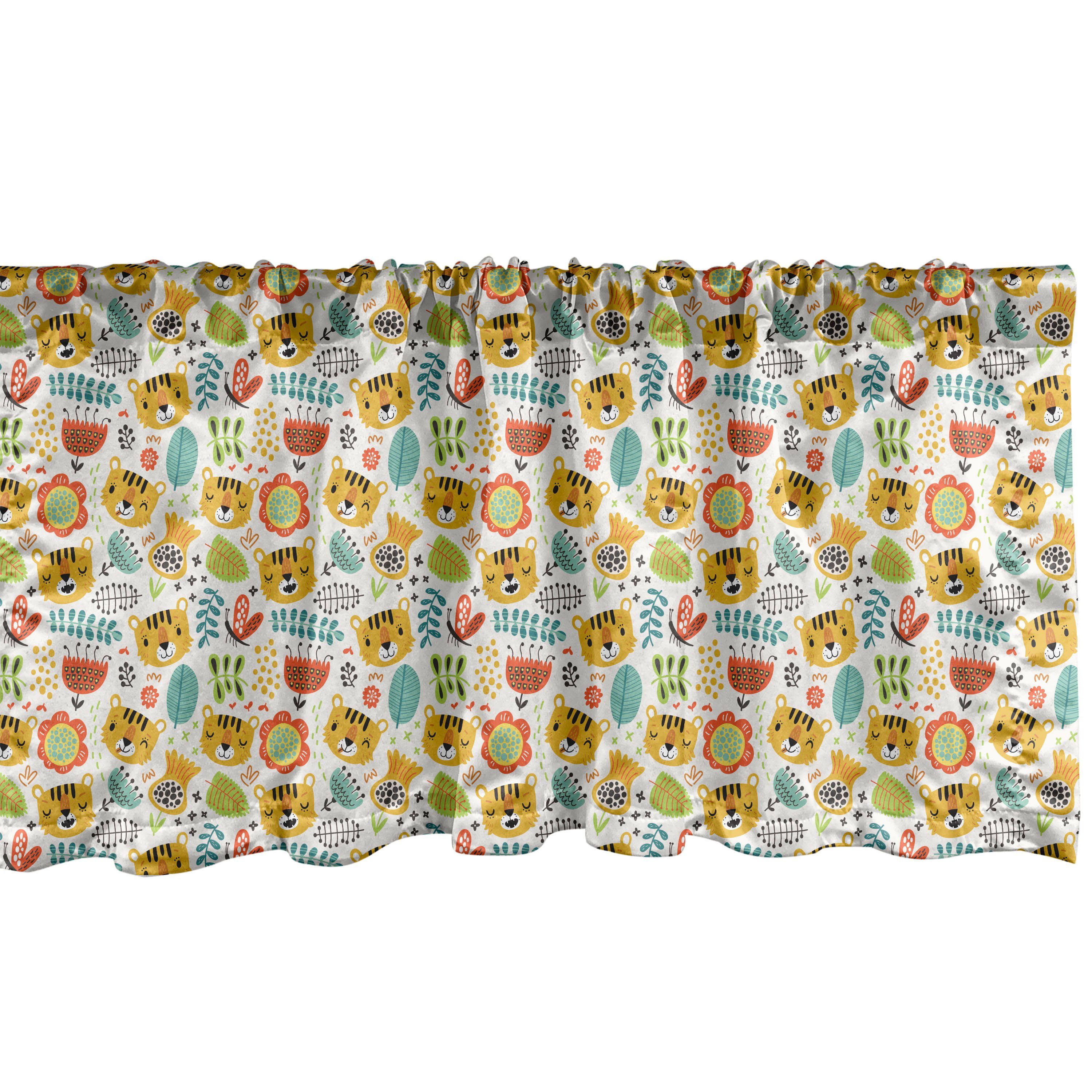 Scheibengardine Vorhang Volant für Küche Schlafzimmer Dekor mit Stangentasche, Abakuhaus, Microfaser, Tier Tiger-Kopf-Blätter Motive