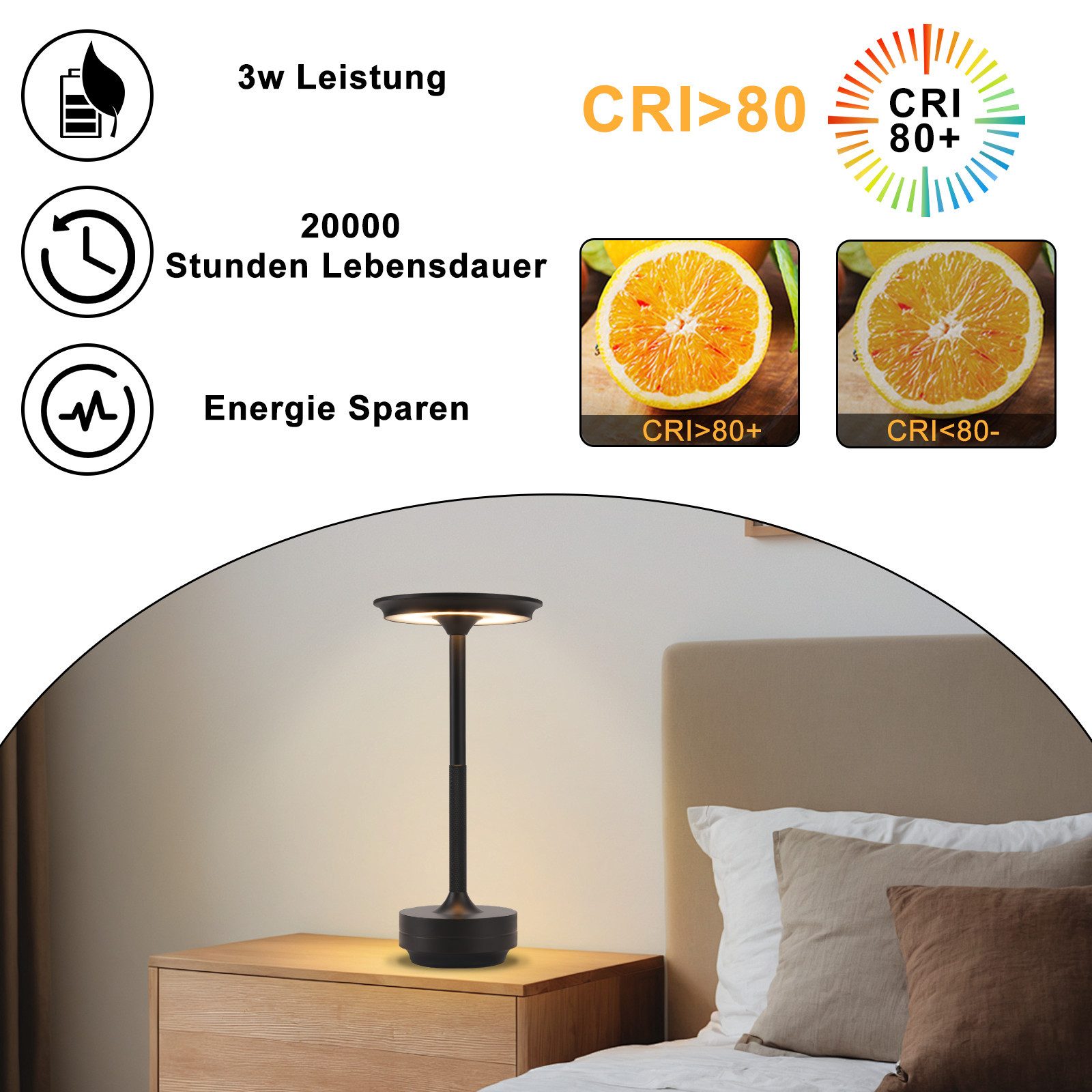 Nettlife LED Tischleuchte Nachttischlampe Kabellos Touch Dimmbar Tischlampe mit USB Aufladbar, Dimmbar, LED fest integriert, für Fensterbank Wohnzimmer Kinderzi – Bild 5 von 5