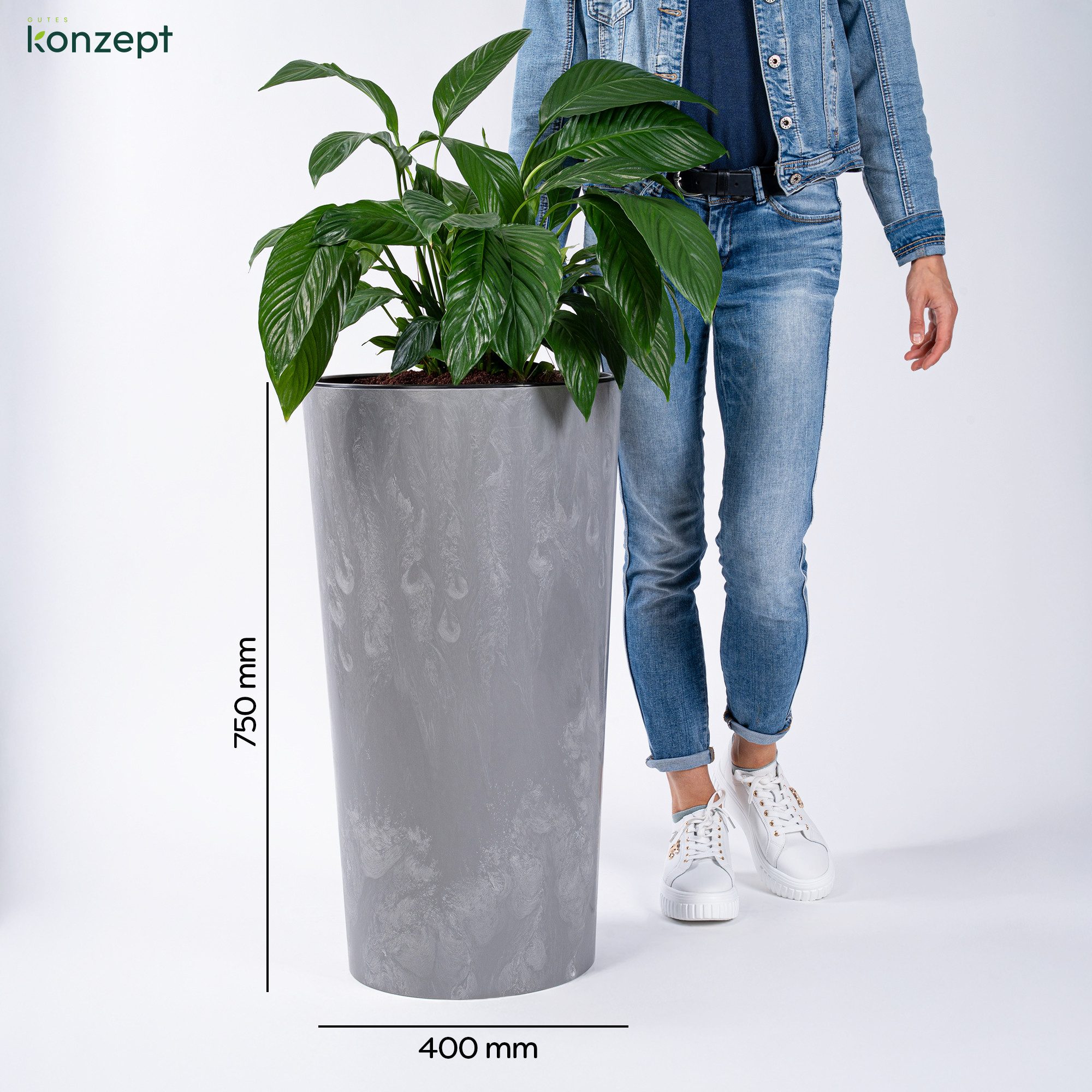 KONZEPT Blumentopf mit Einsatz Hoch 75cm in Beton Optik, für Außenbereich, Modernes Design, UV-beständig, keine scharfen Kanten, bruchfest