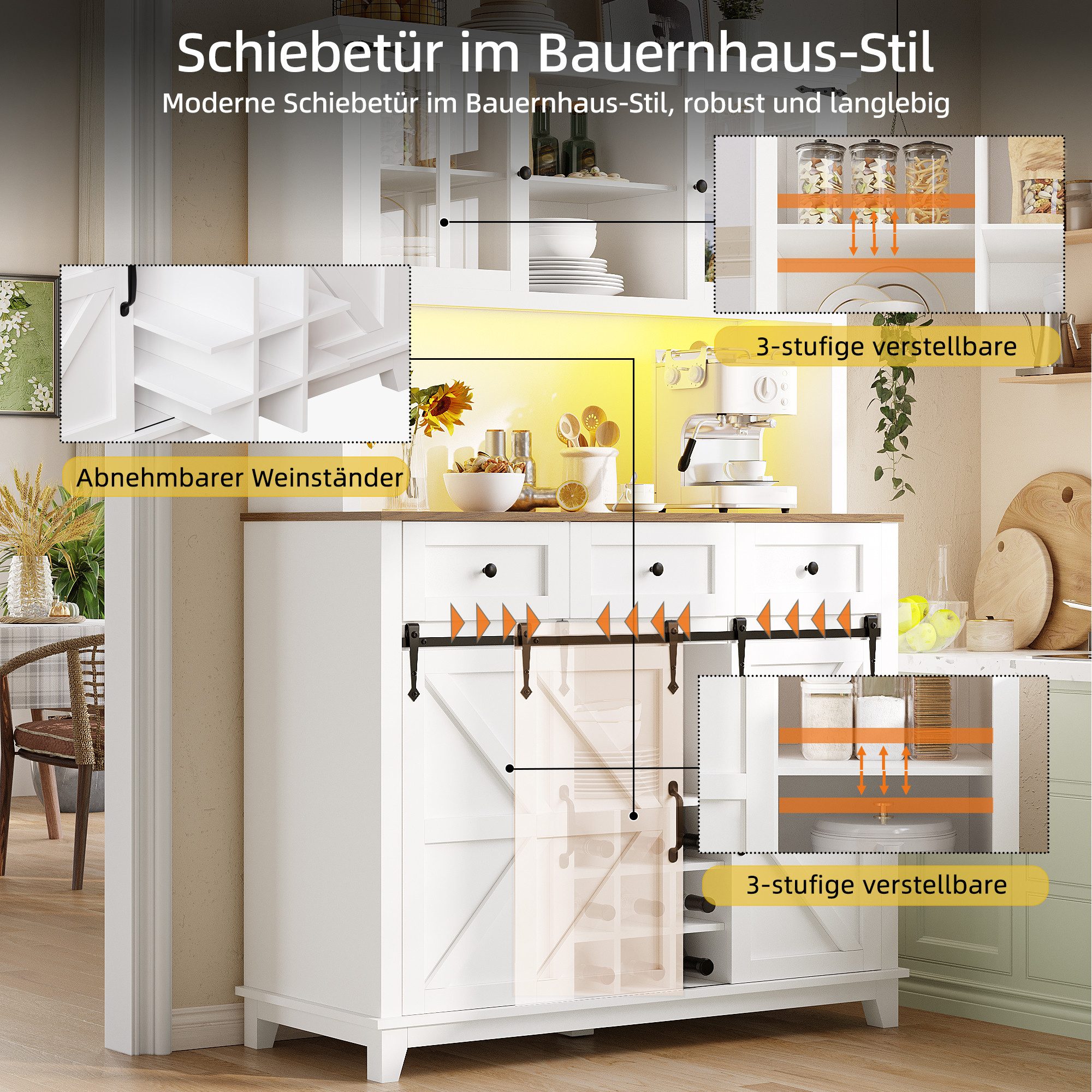 kowdom Küchenbuffet Hochschrank mit LED, App-Steuerung, Glastüren, 105x38x180 cm (Hochschrank, Einzelschrank mit LED-Beleuchtung) Hochschrank, LED-Beleuchtung, App-Steuerung, Glastüren, 180 cm