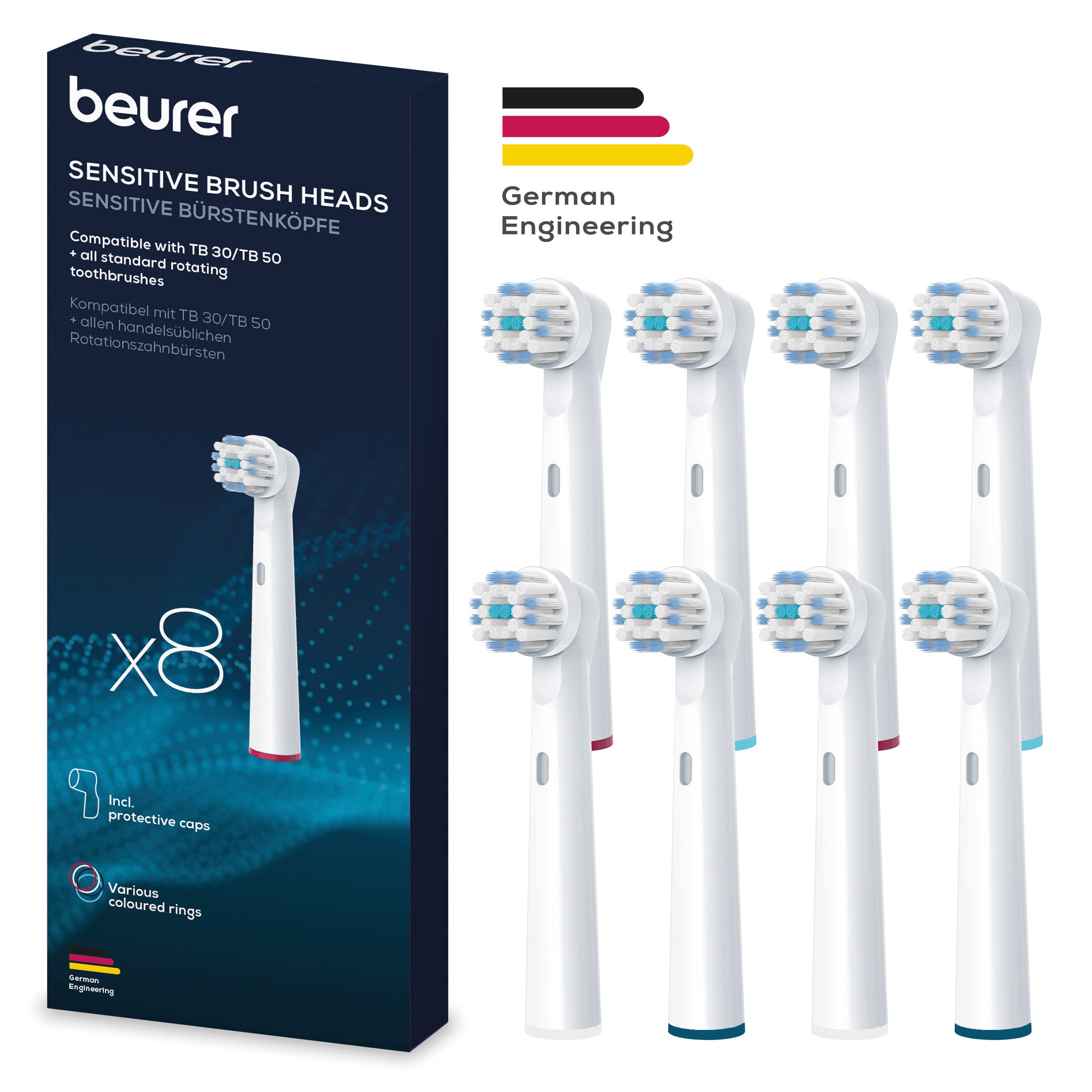 BEURER Aufsteckbürsten TB 30/50 Bürstenköpfe Sensitive, für elektrische Zahnbürsten, Mit 2 Borstenarten & Schutzkappe, für gründliche Reinigung
