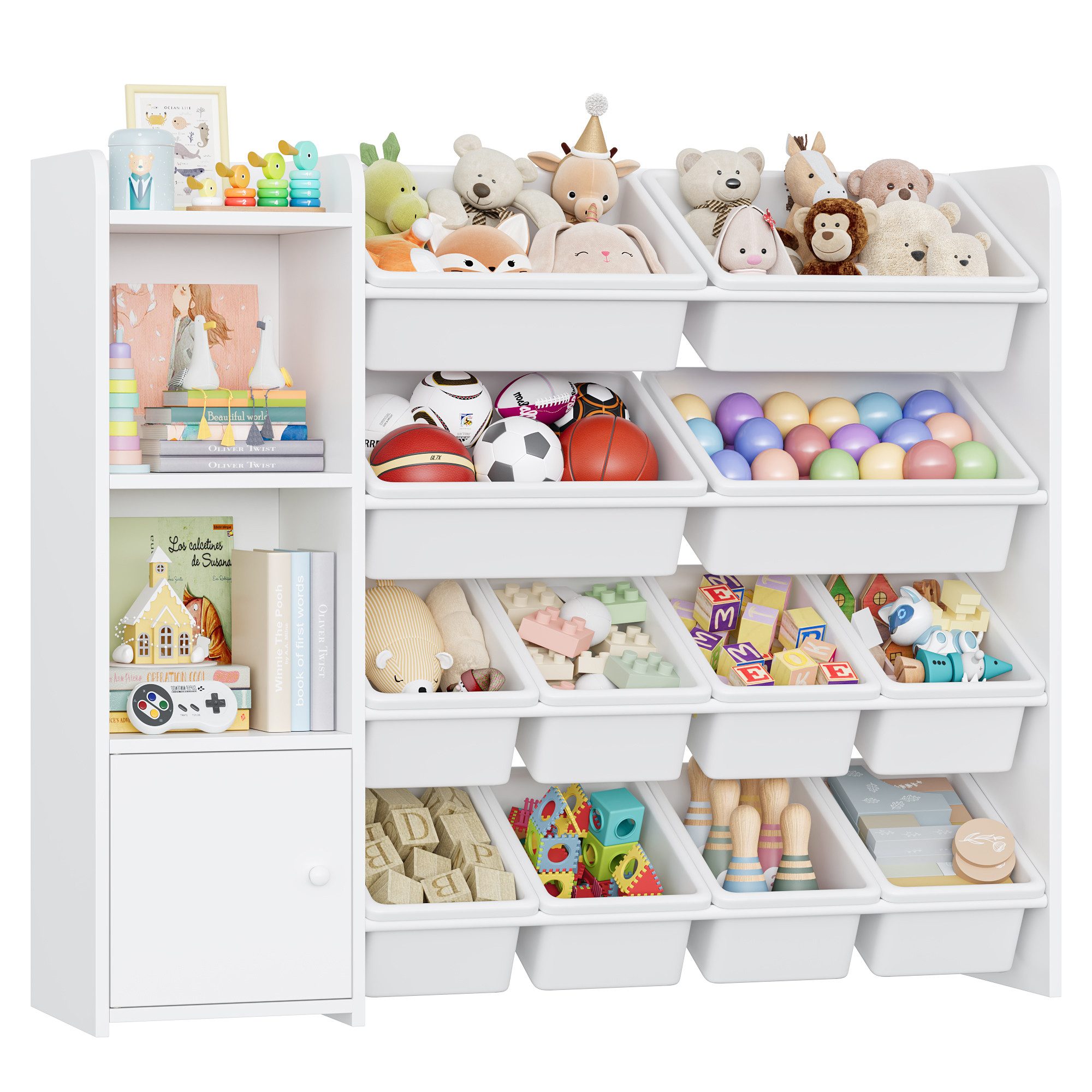 Homfa Spielzeugtruhe, Kinderregal Bücherregal Spiegelregal mit 12 Boxen weiß 112,5x30x100cm