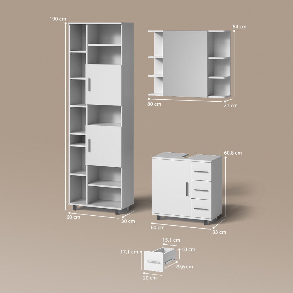 Livinity® Badmöbel-Set Eisak, Weiß, 3 Teile, mit Hochschrank, (3-St)