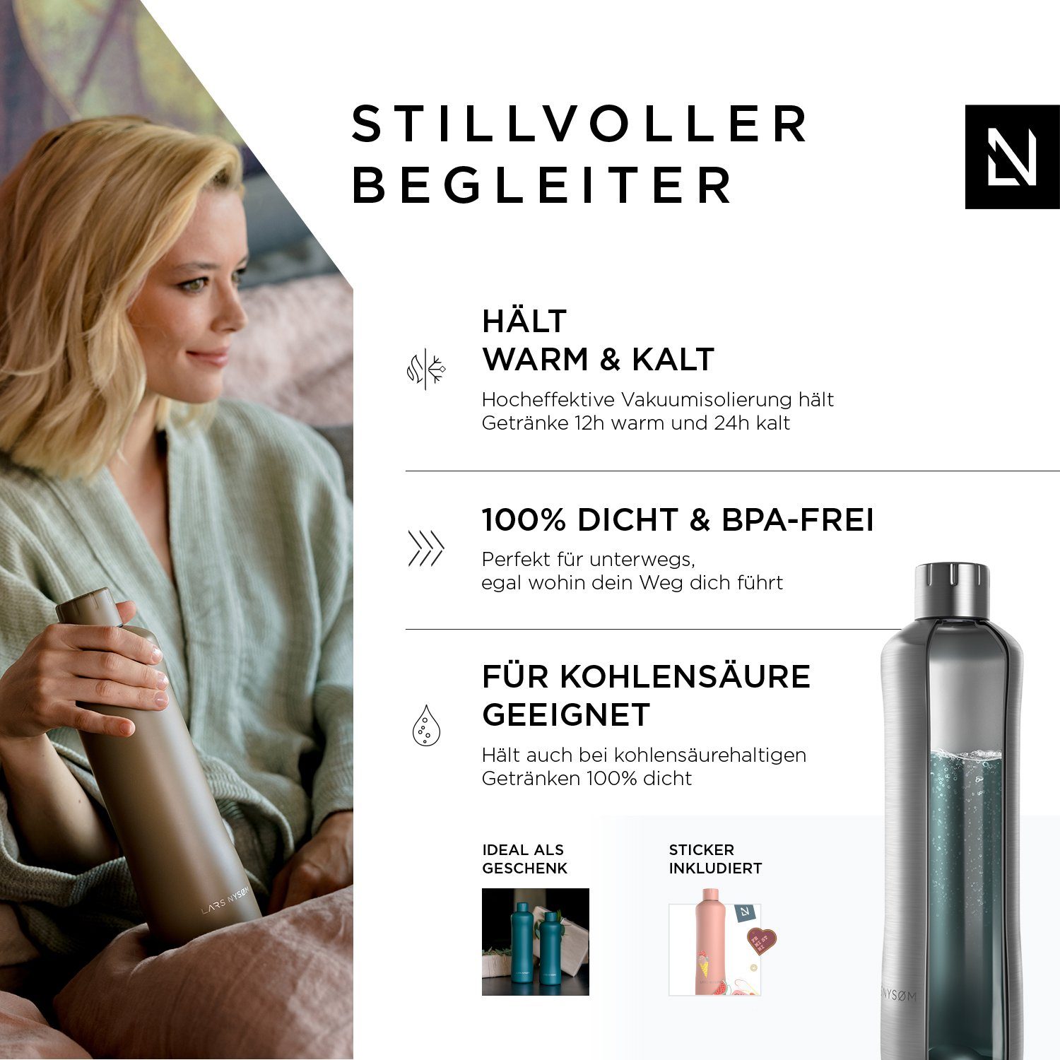 LARS Bølge, Thermosflasche Isolierflasche NYSØM BPA-Freie Stainless geeignet Kohlensäure Steel