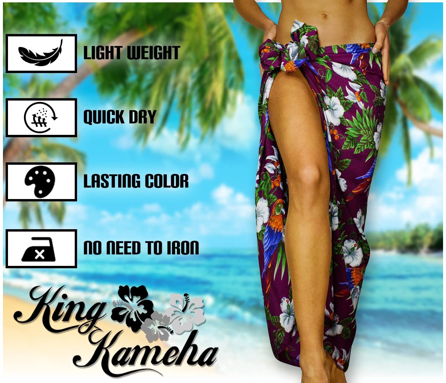 King Kameha Sarong Cherryparrot Funky Hawaii-Sarong Pareo Cover-Up Strand Damen Bikini, Pareo Cover-Up