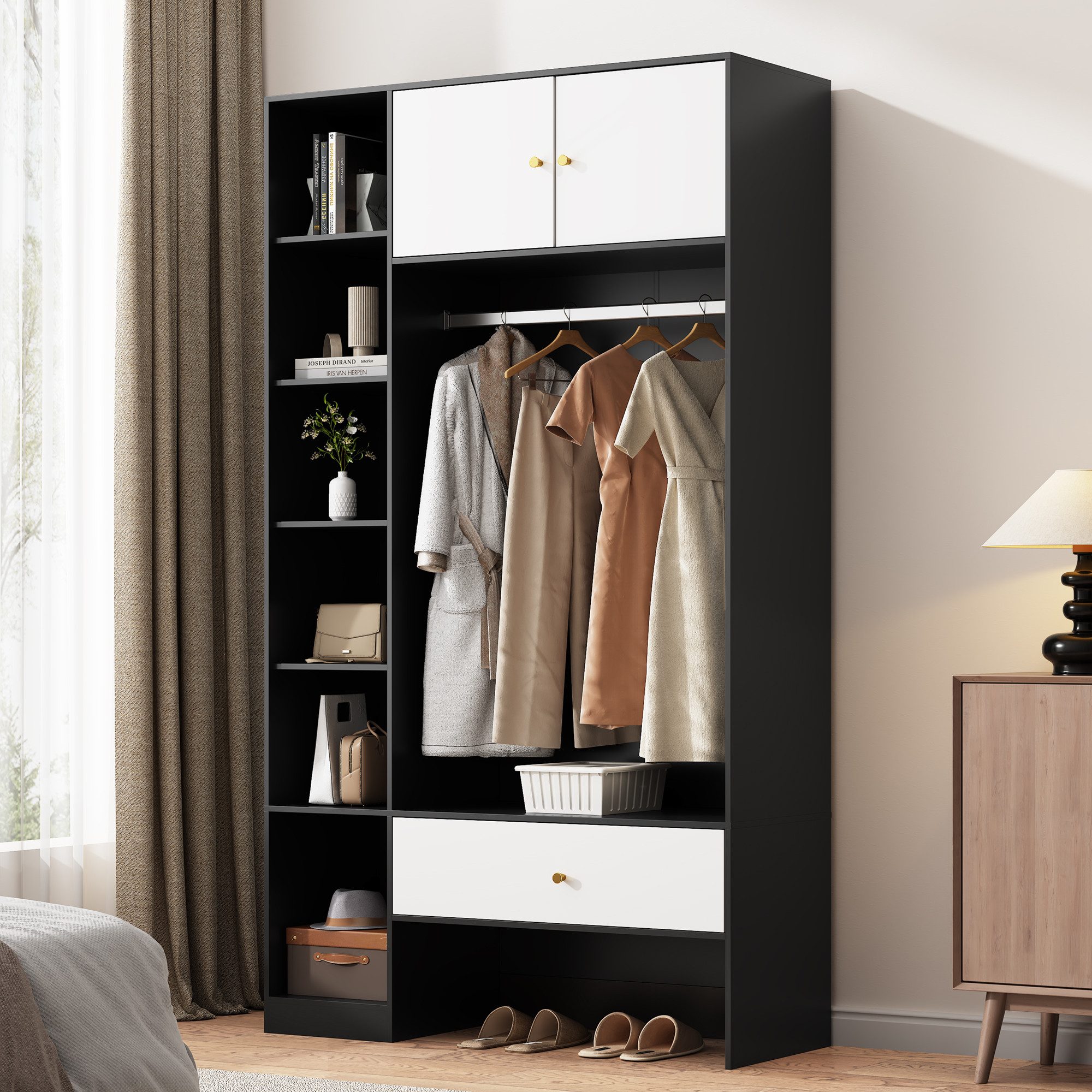 Flieks Garderoben-Set mit Kleiderstange, 6 Fächern, Schublade und Türen, (1-St., 105x40x185 cm), Kleiderschrank mit Stauraum Hochschrank Flurmöbel Schwarz&Weiß